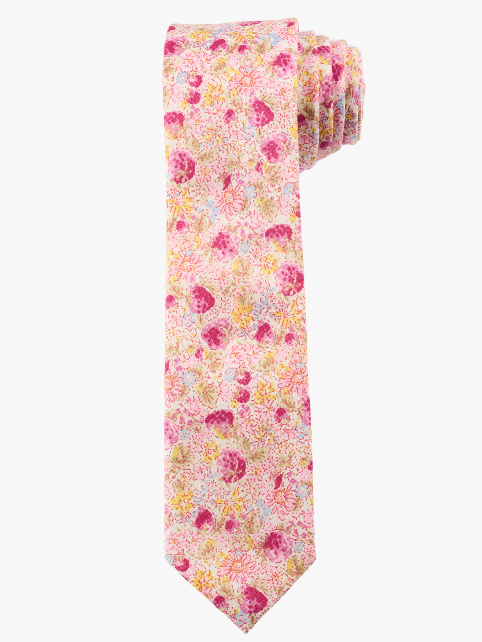 A rolled up pink and yellow floral cotton necktie for teens, missionaries, men, and women.