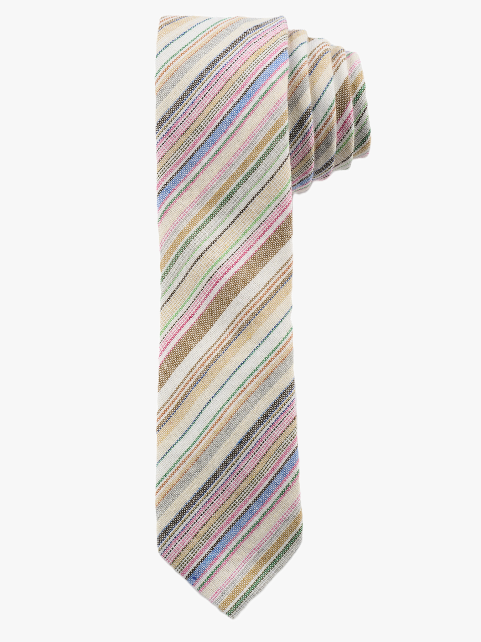 A rolled up pink and light blue striped cotton necktie for teens, missionaries, men, and women.