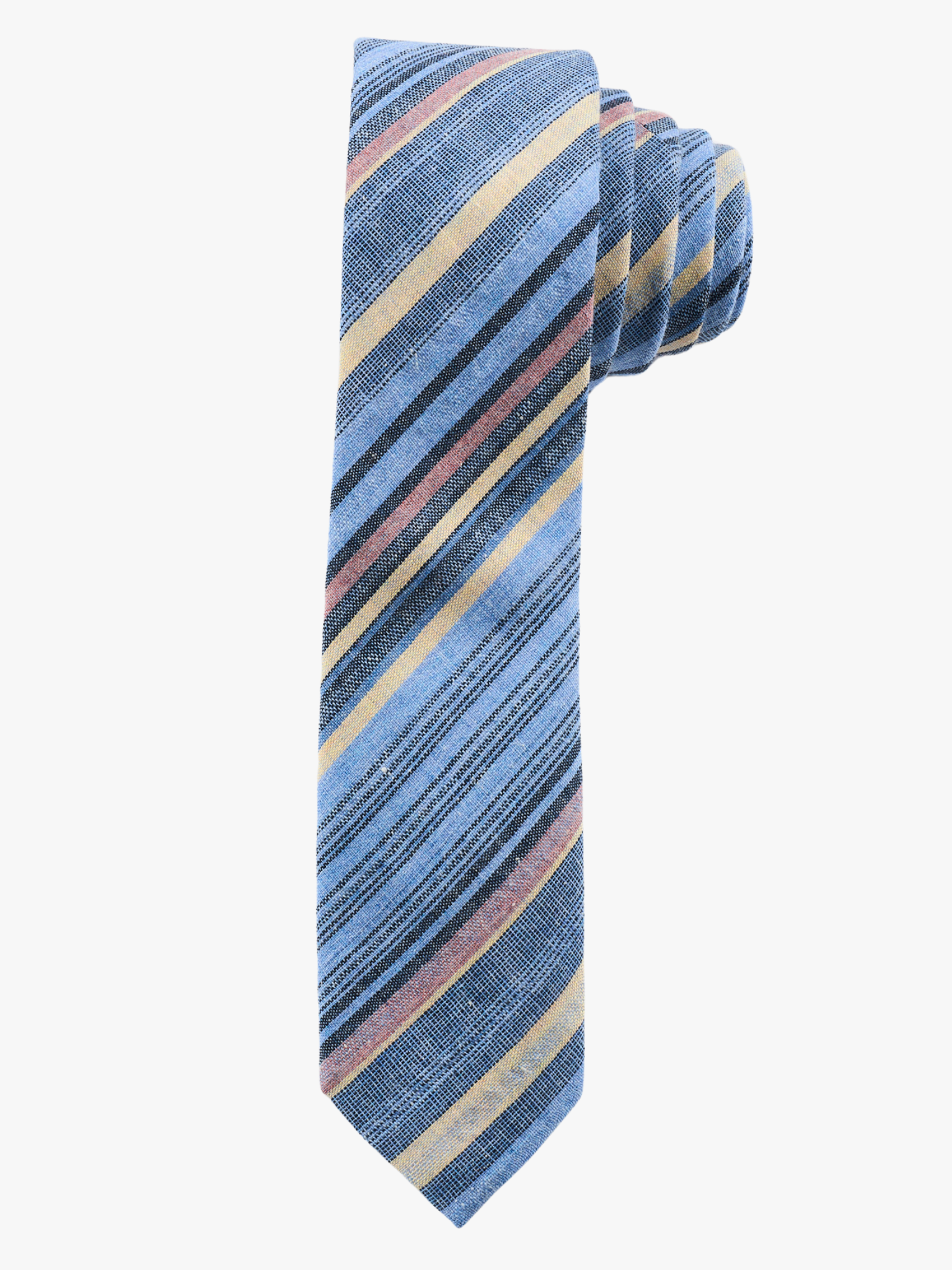 A rolled up blue, yellow, and navy striped cotton necktie for teens, missionaries, men, and women.