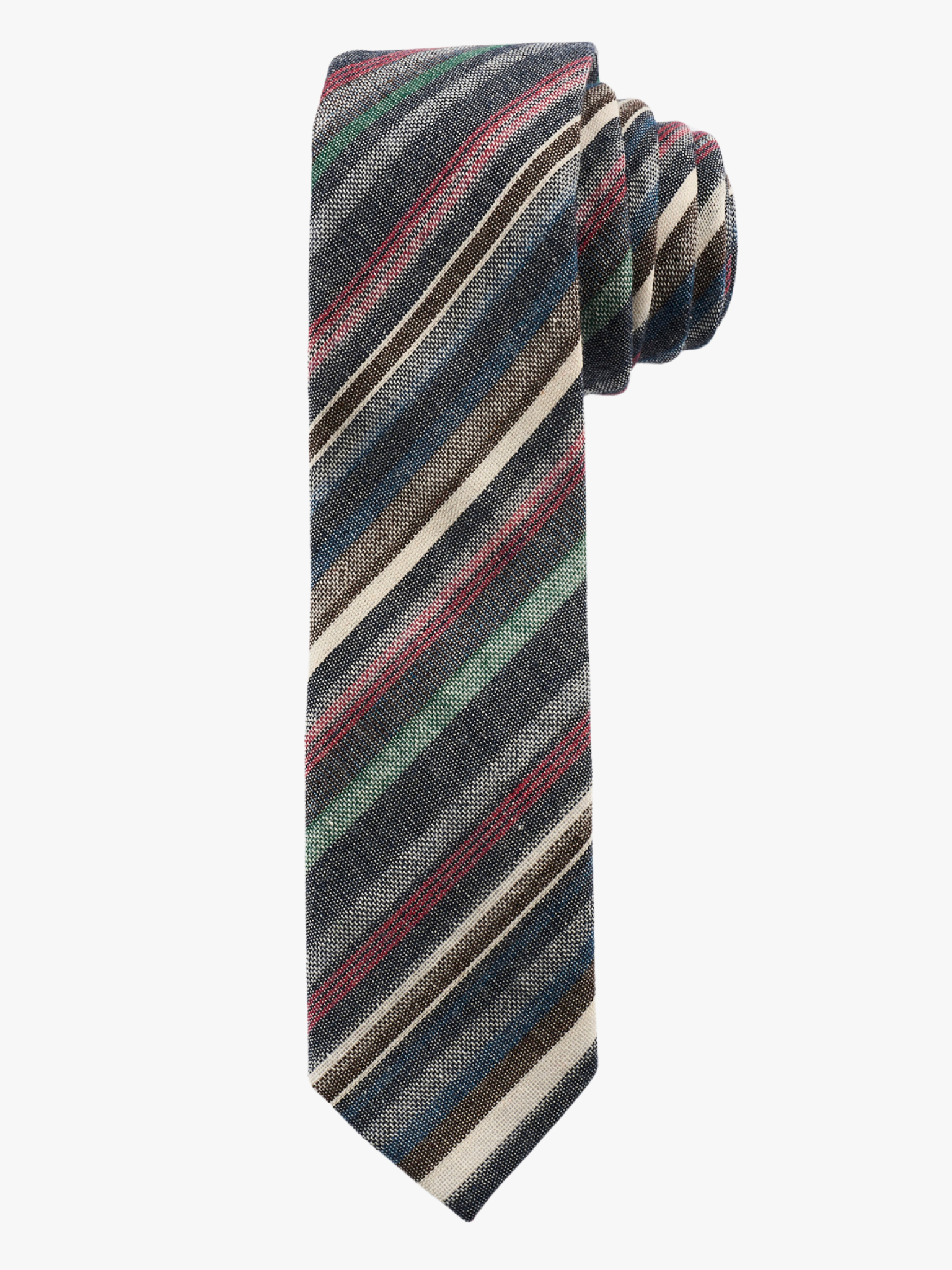 A rolled up gray, green, and red striped cotton necktie for teens, missionaries, men, and women.