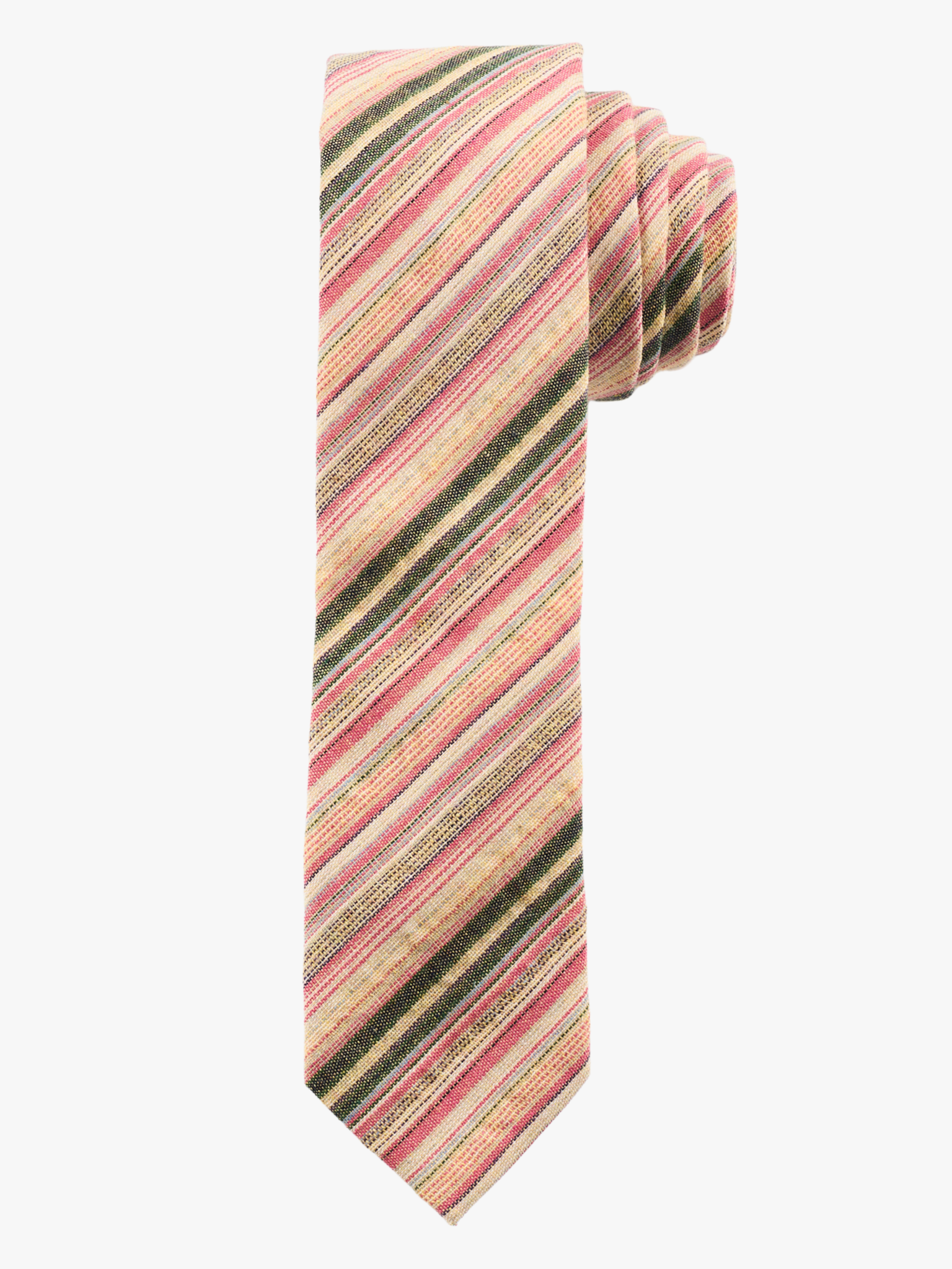 A rolled up hot pink and yellow striped cotton necktie for teens, missionaries, men, and women.