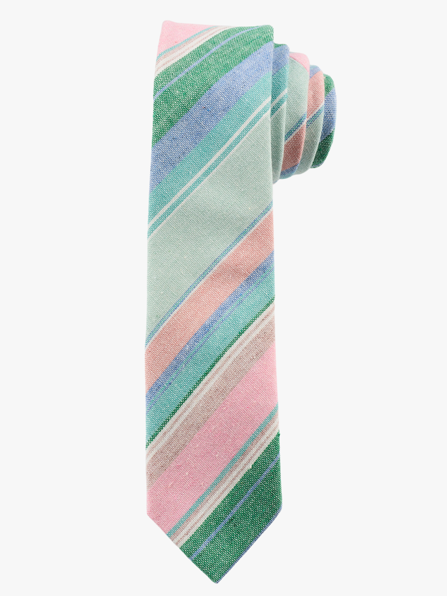 A rolled up light pink and blue striped cotton necktie for teens, missionaries, men, and women.