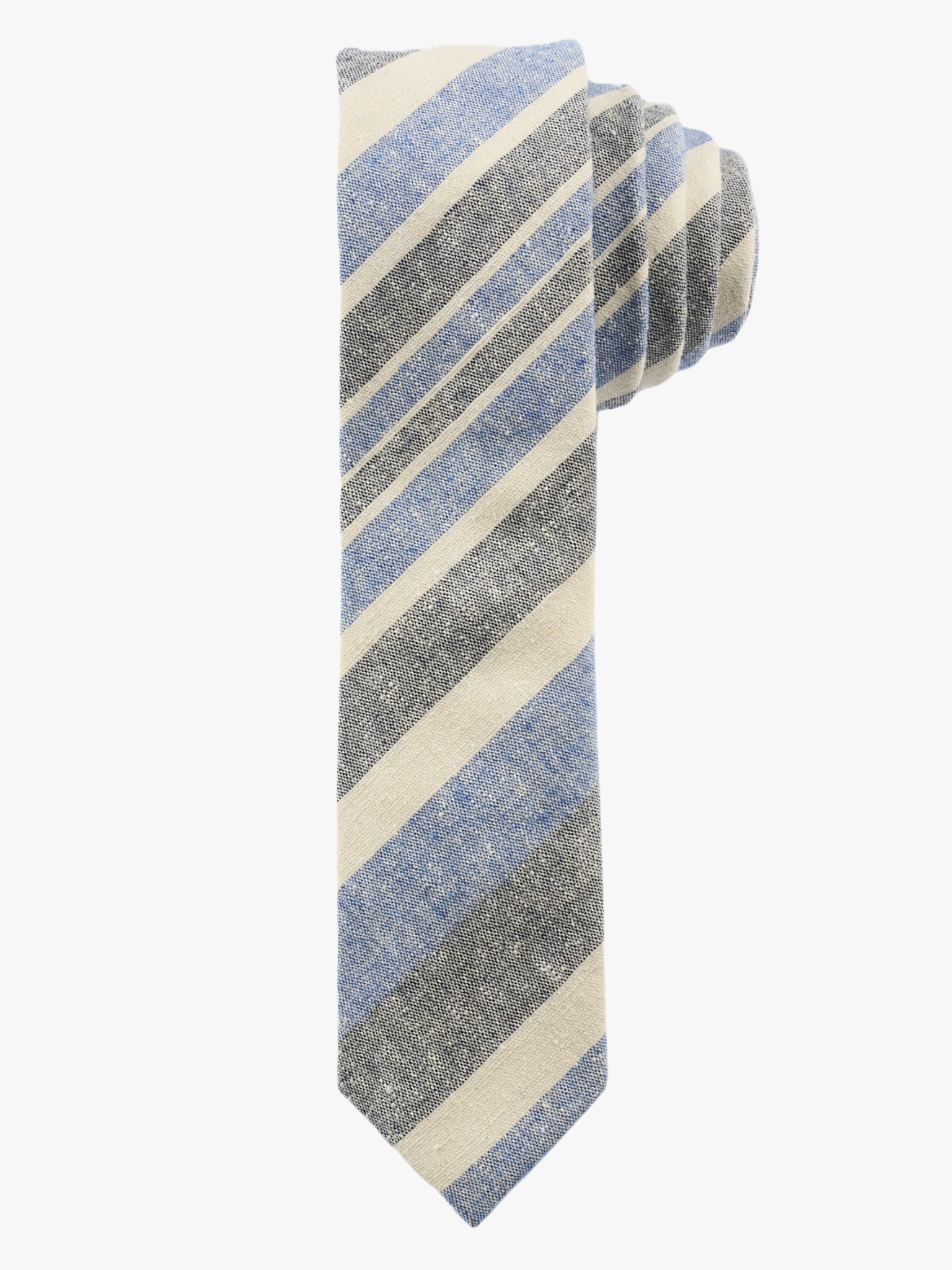 A rolled up blue, beige, and gray striped cotton necktie for teens, missionaries, men, and women.