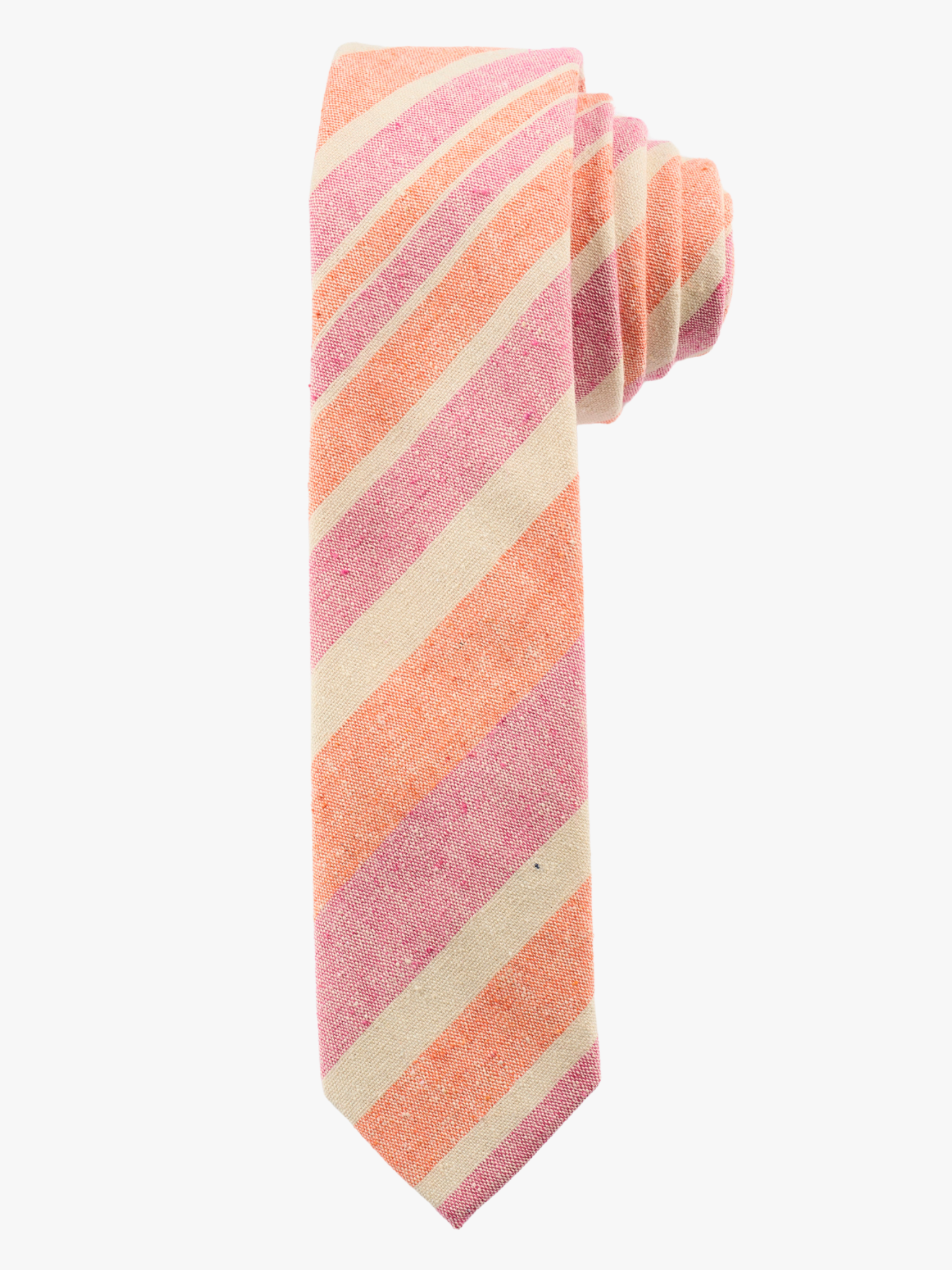 A rolled up pink, beige, and orange striped cotton necktie for teens, missionaries, men, and women.