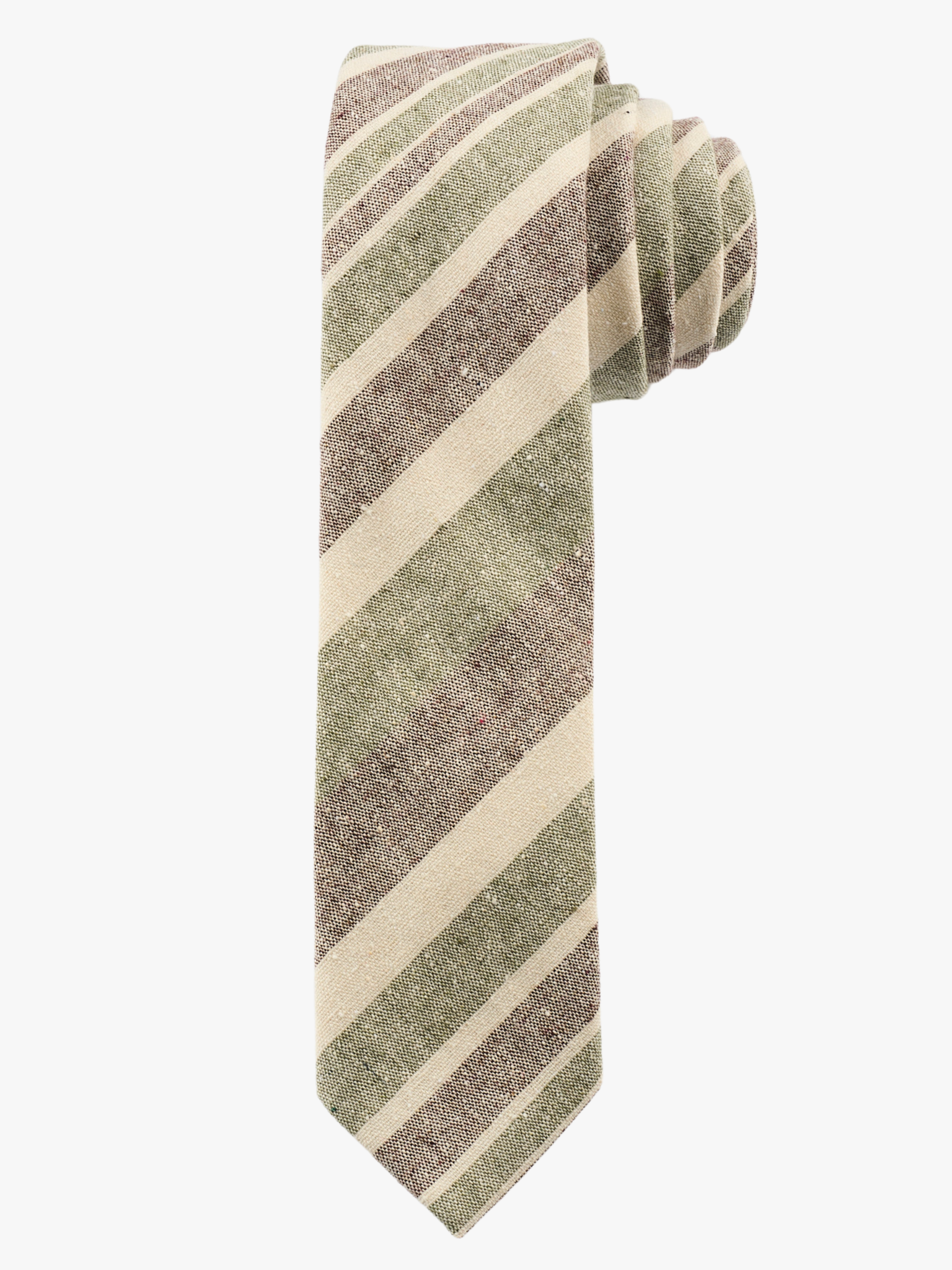 A rolled up olive and cream striped cotton necktie for teens, missionaries, men, and women.