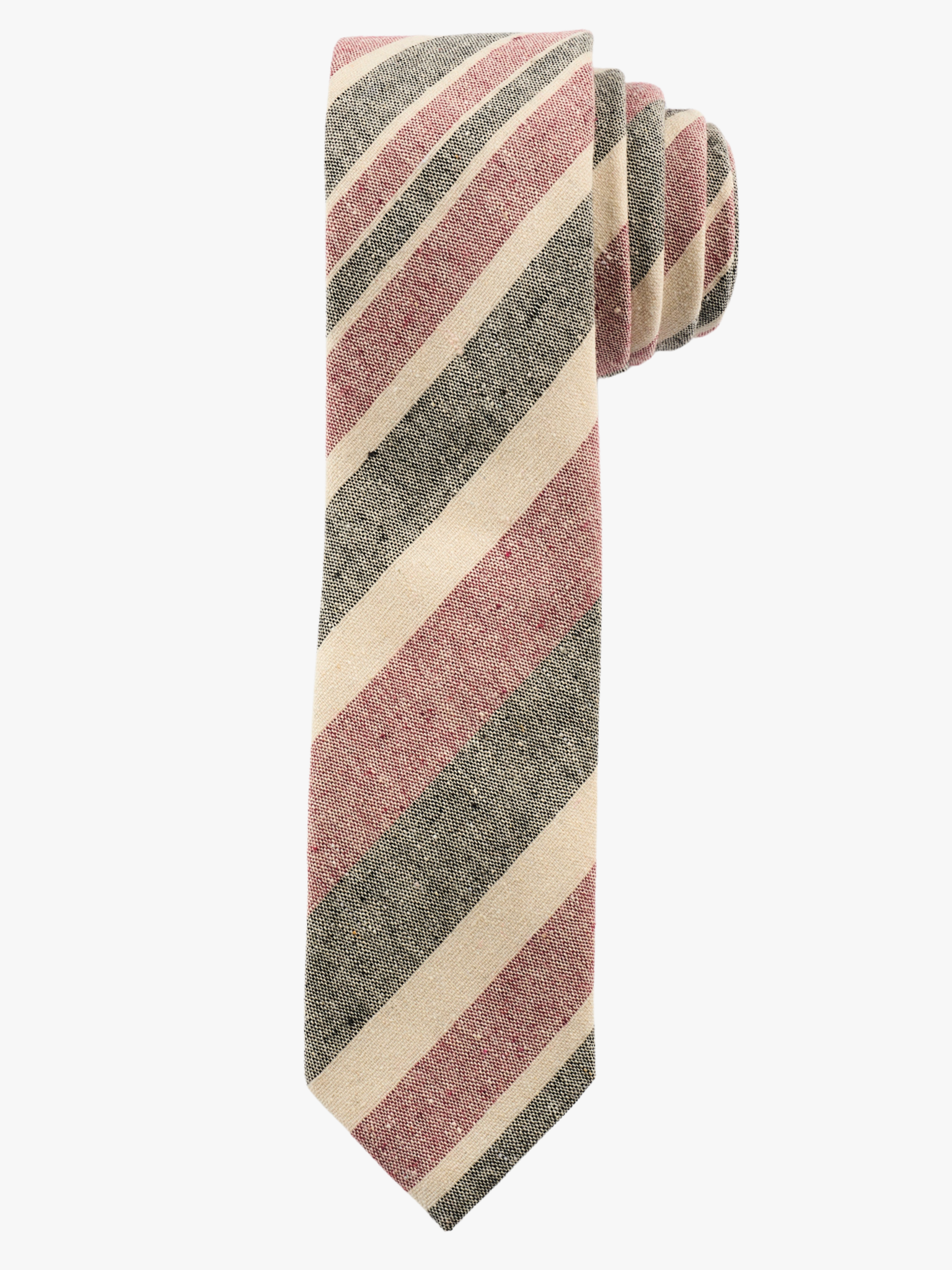 A rolled up red, gray, and beige striped cotton necktie for teens, missionaries, men, and women.