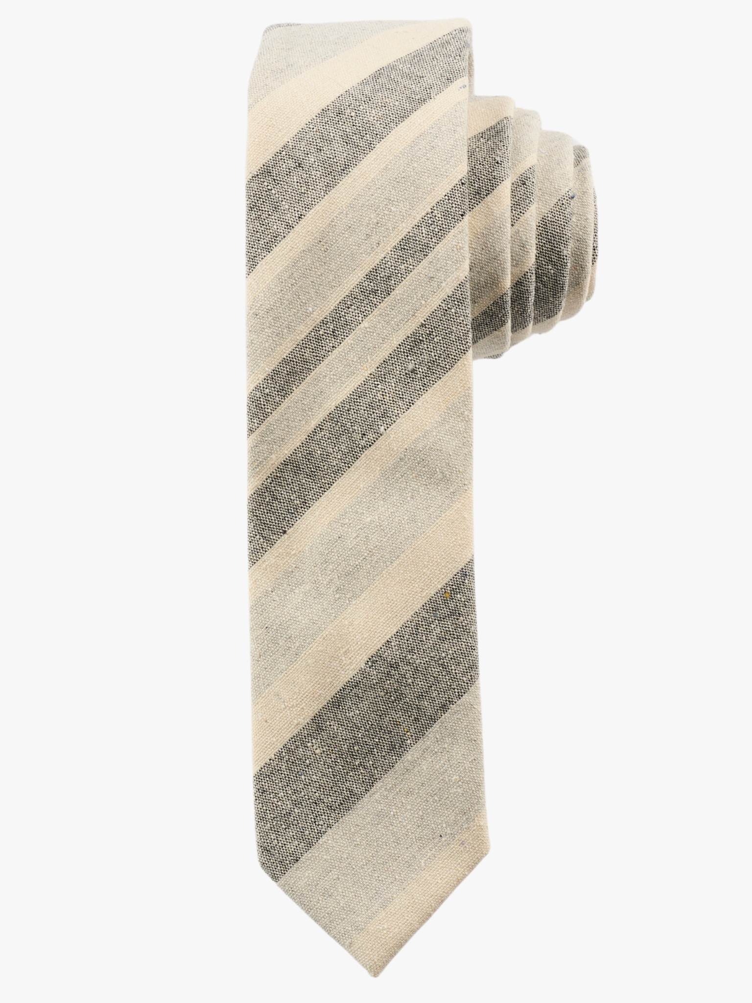 A rolled up grey and cream striped cotton necktie for teens, missionaries, men, and women.