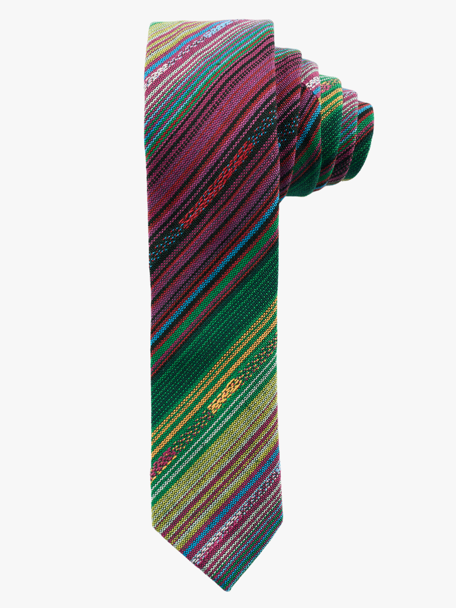 A rolled up green and purple striped cotton necktie for teens, missionaries, men, and women.