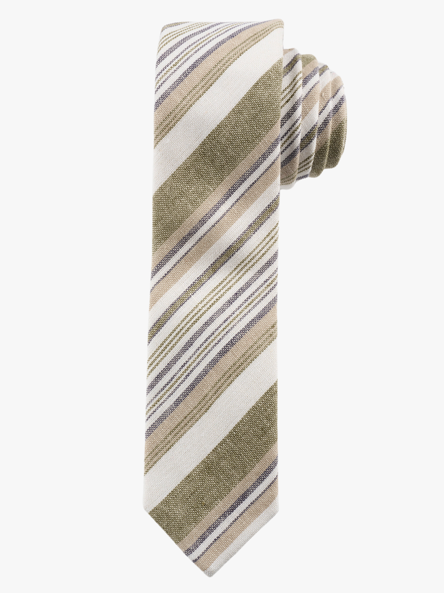 A rolled up gold and white striped cotton necktie for teens, missionaries, men, and women.