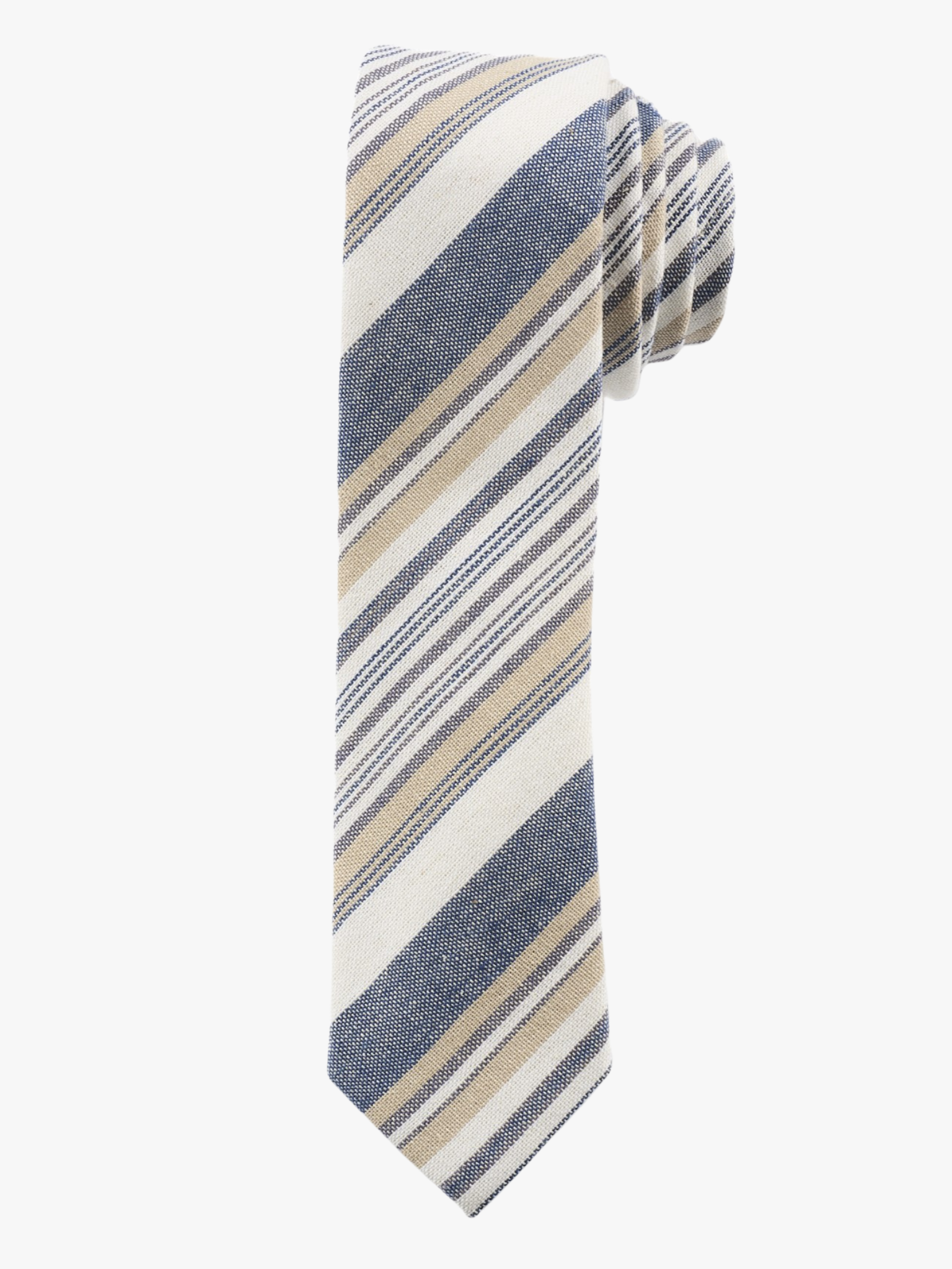 A rolled up blue, white, and gold striped cotton necktie for teens, missionaries, men, and women.