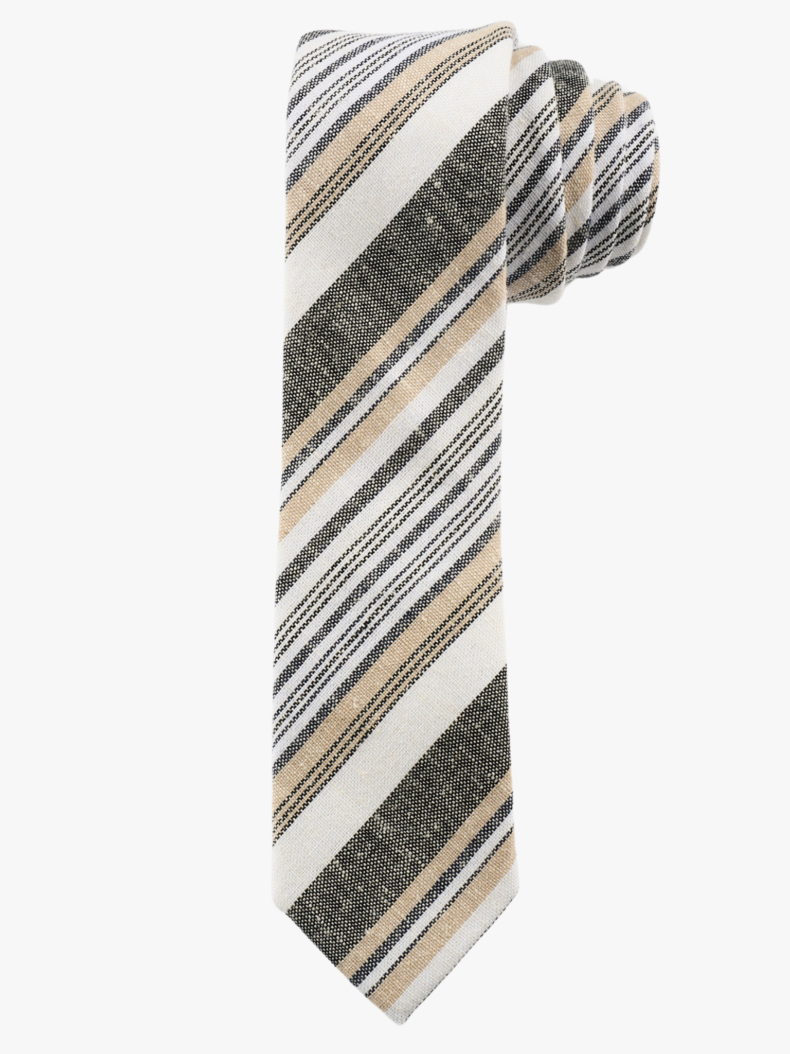 A rolled up gray, white, and gold striped cotton necktie for teens, missionaries, men, and women.