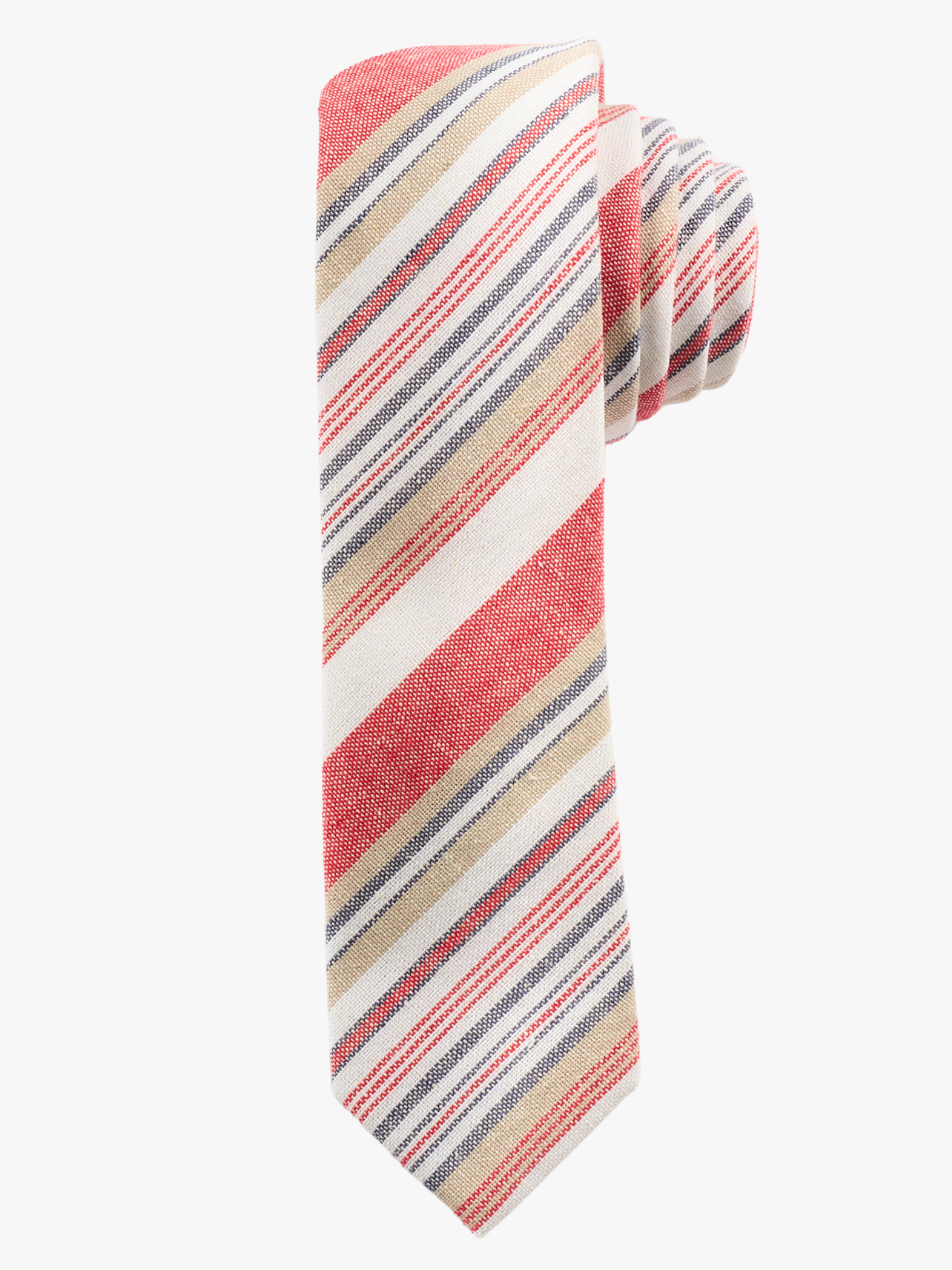 A rolled up red, white, and gold striped cotton necktie for teens, missionaries, men, and women.