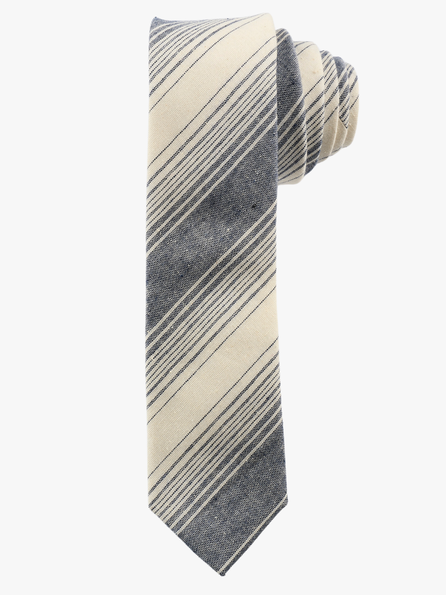 A rolled up navy blue and beigestriped cotton necktie for teens, missionaries, men, and women.