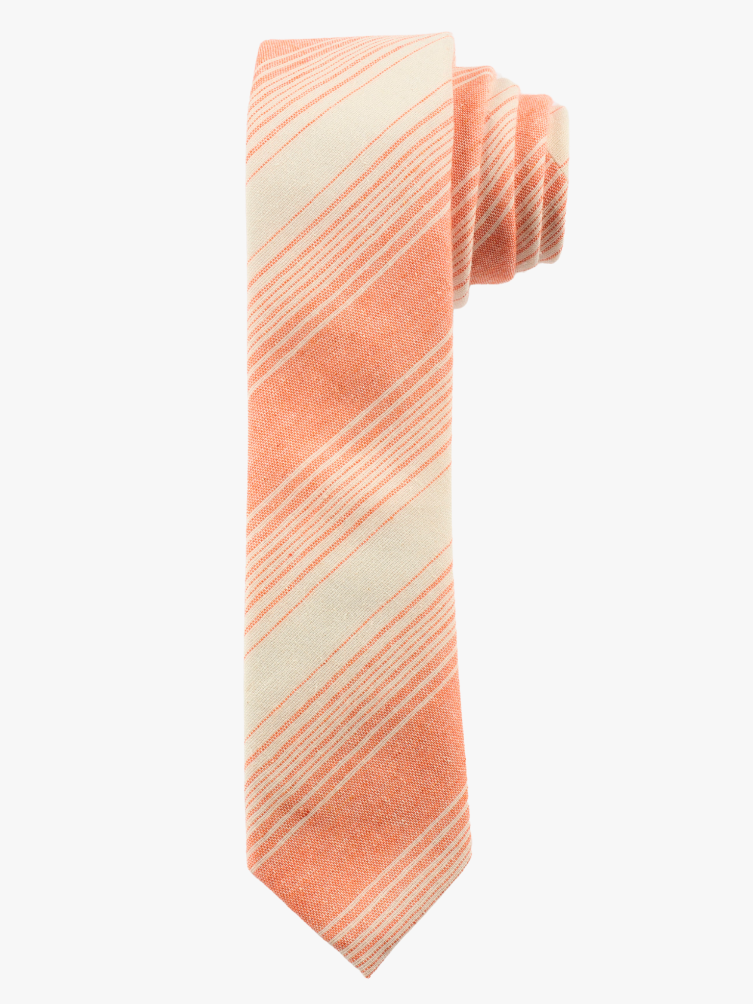 A rolled up orange and cream striped cotton necktie for teens, missionaries, men, and women.