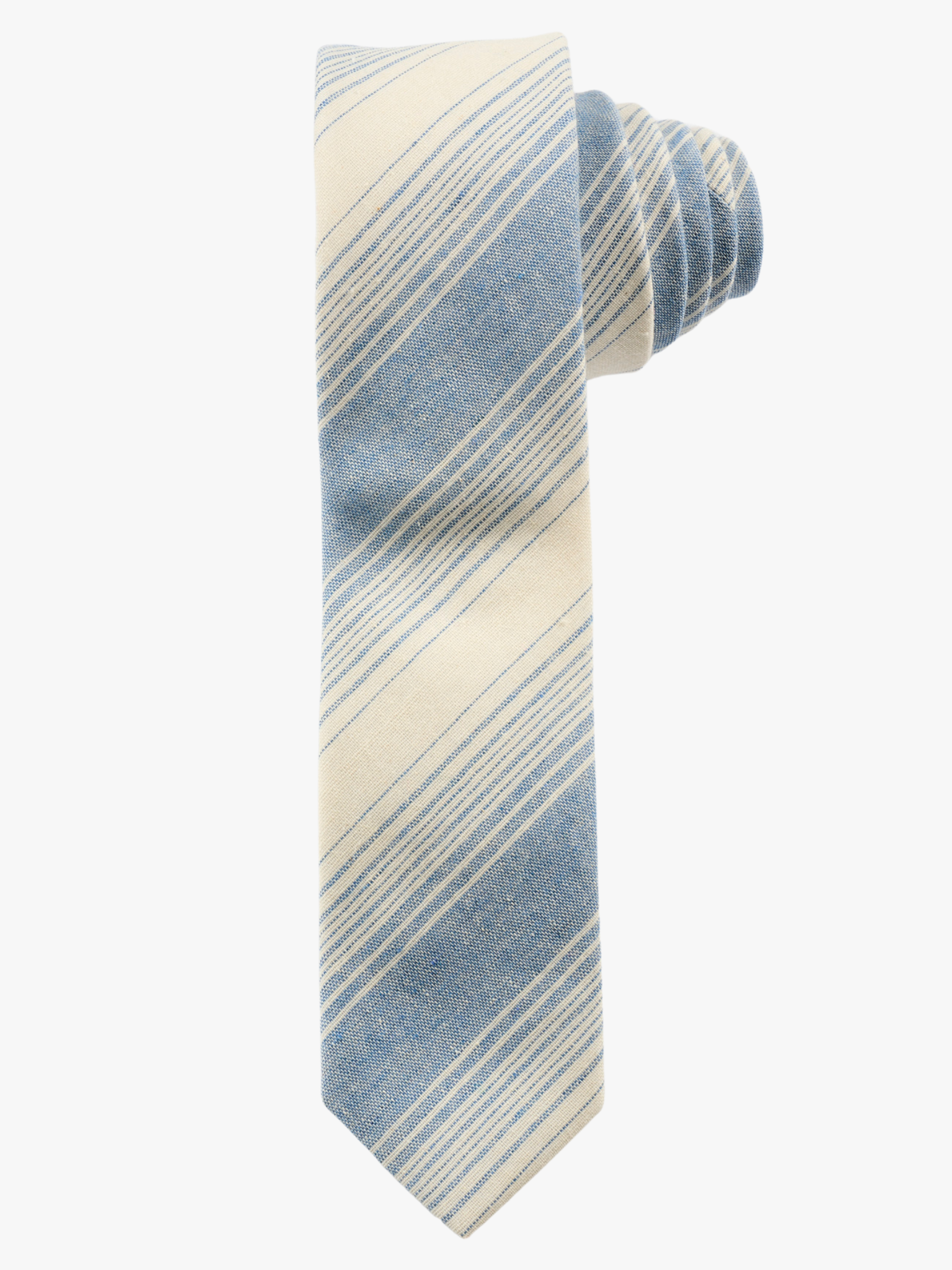 A rolled up light blue and beige striped cotton necktie for teens, missionaries, men, and women.