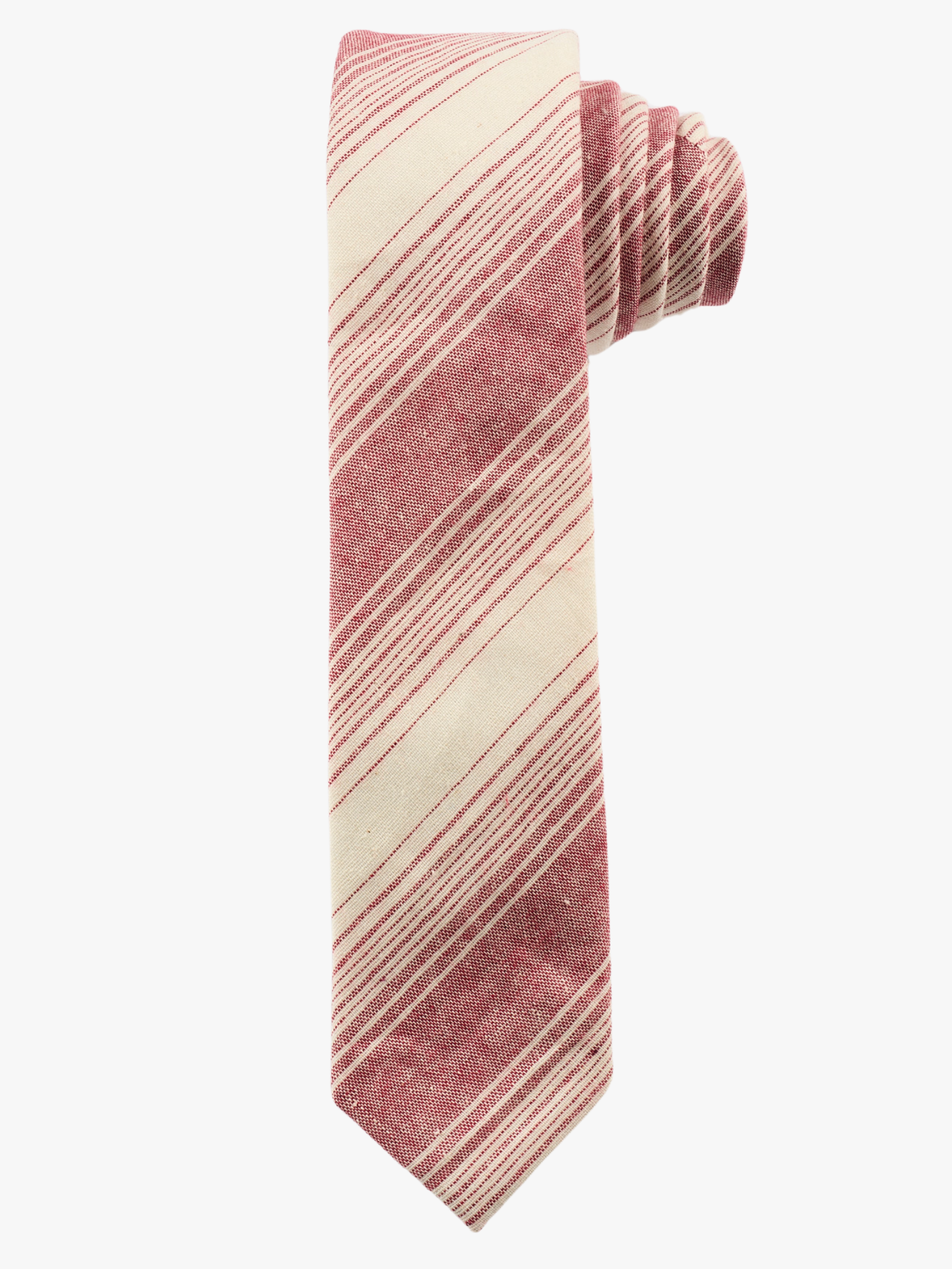 A rolled up red and off-white striped cotton necktie for teens, missionaries, men, and women.