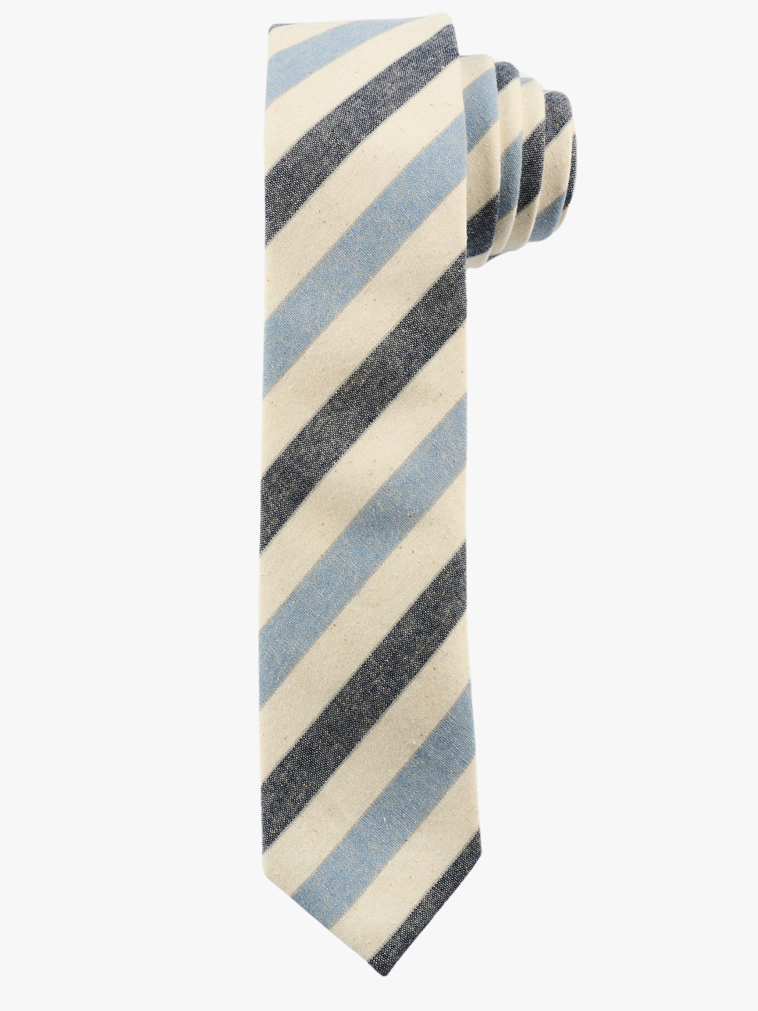 A rolled up blue, white, and navy striped cotton necktie for teens, missionaries, men, and women.