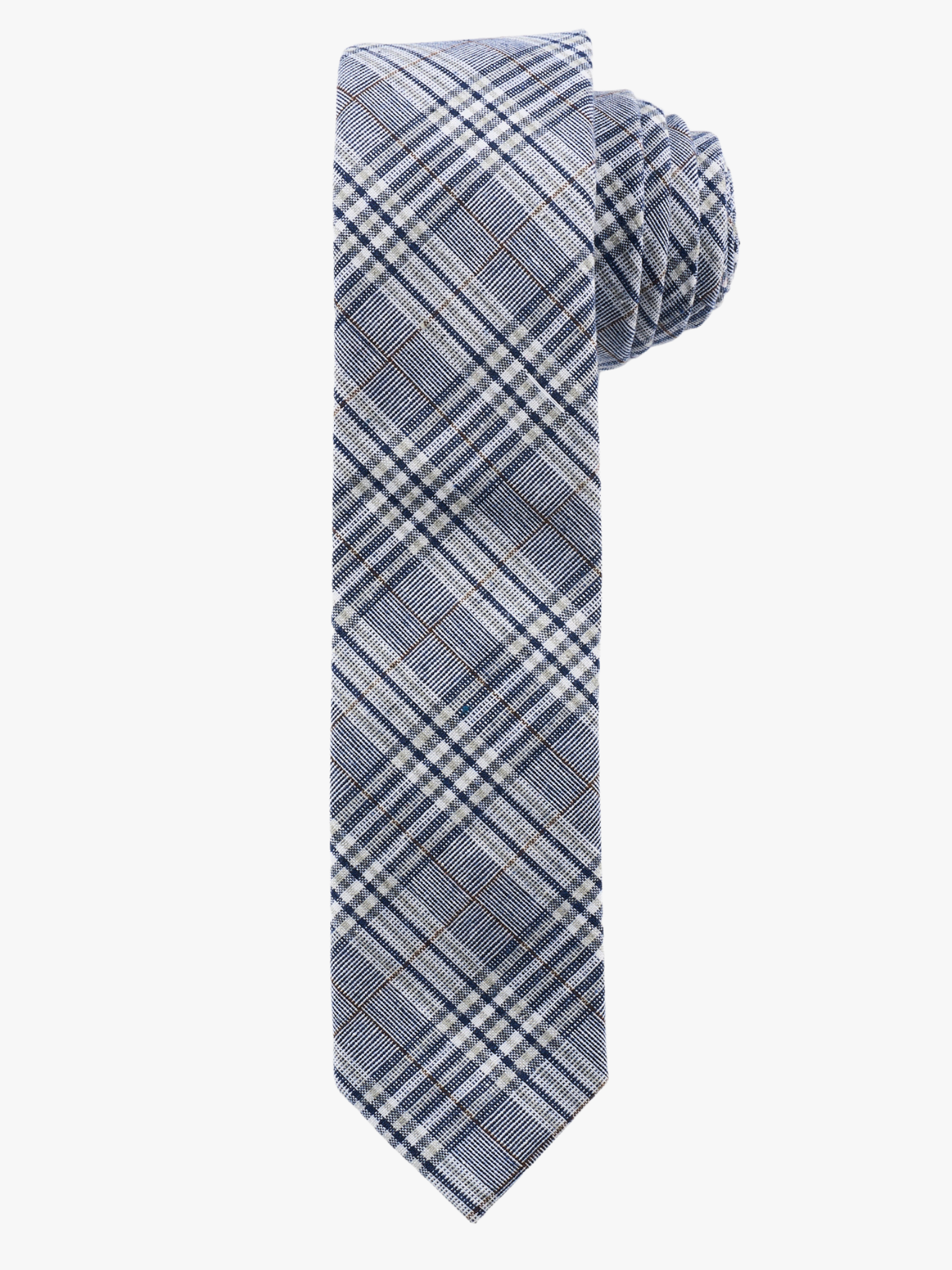 A rolled up blue and white plaidcotton necktie for teens, missionaries, men, and women.