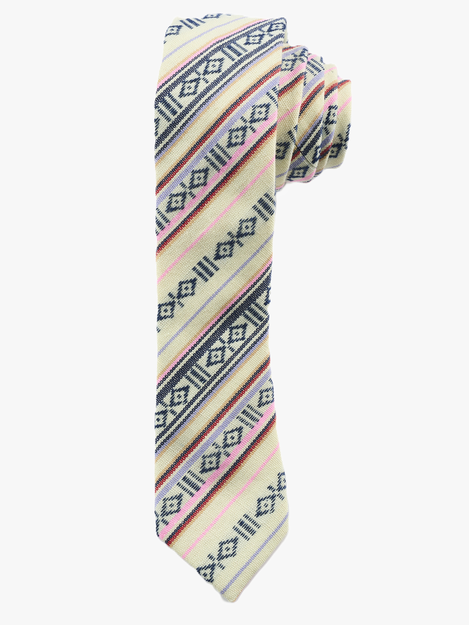 A rolled up white, red and black striped cotton necktie for teens, missionaries, men, and women.