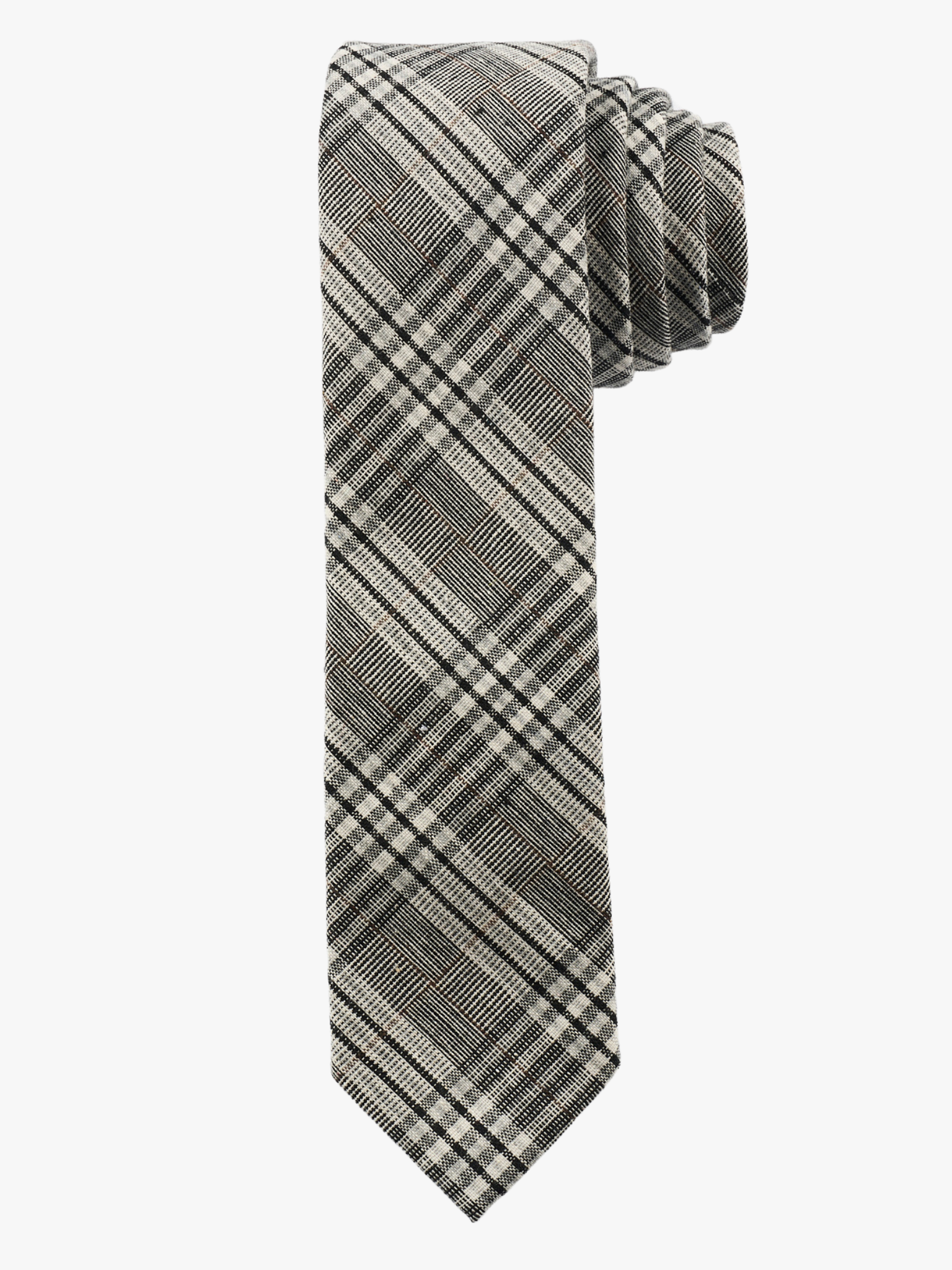 A rolled up black and white plaidcotton necktie for teens, missionaries, men, and women.