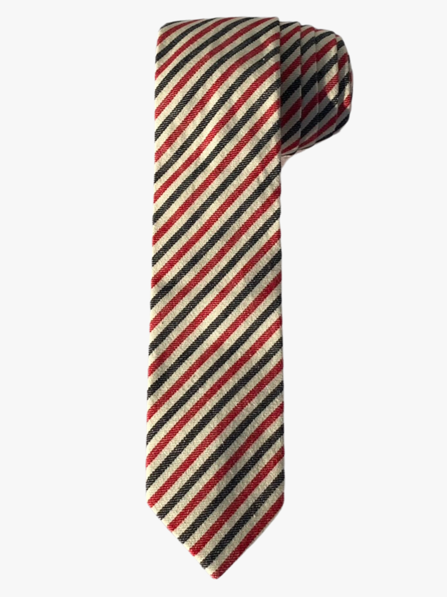 A rolled up red, beige, and navy blue striped cotton necktie for teens, missionaries, men, and women.