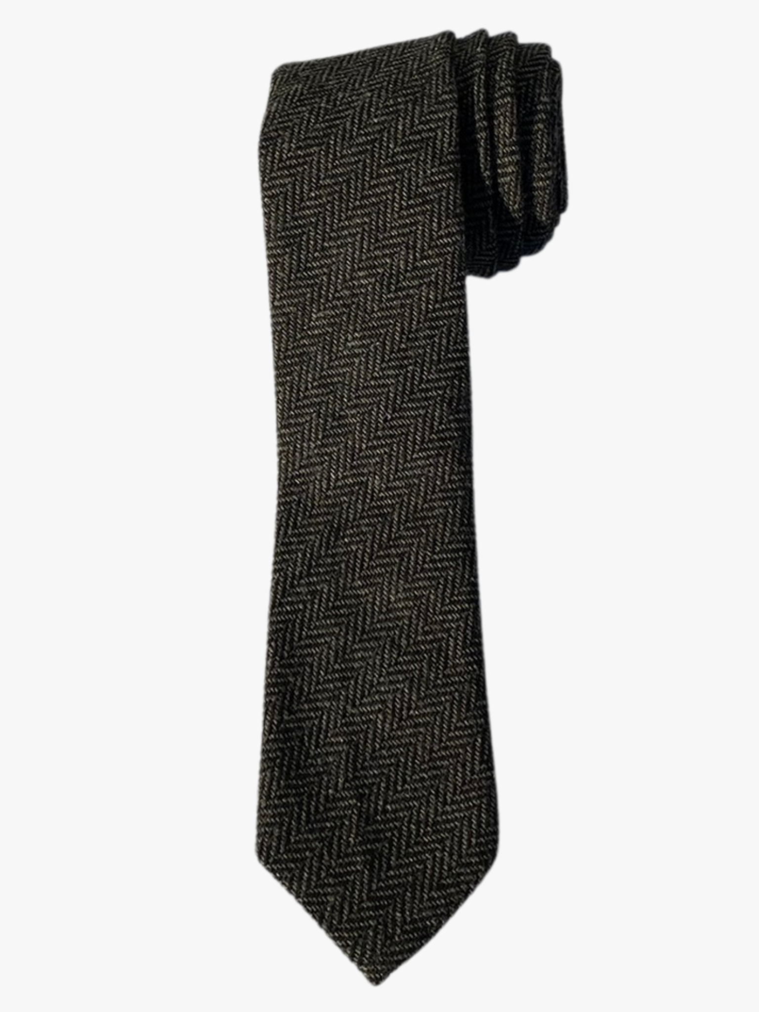 A rolled up black and dark gray herringbone cotton necktie for teens, missionaries, men, and women.