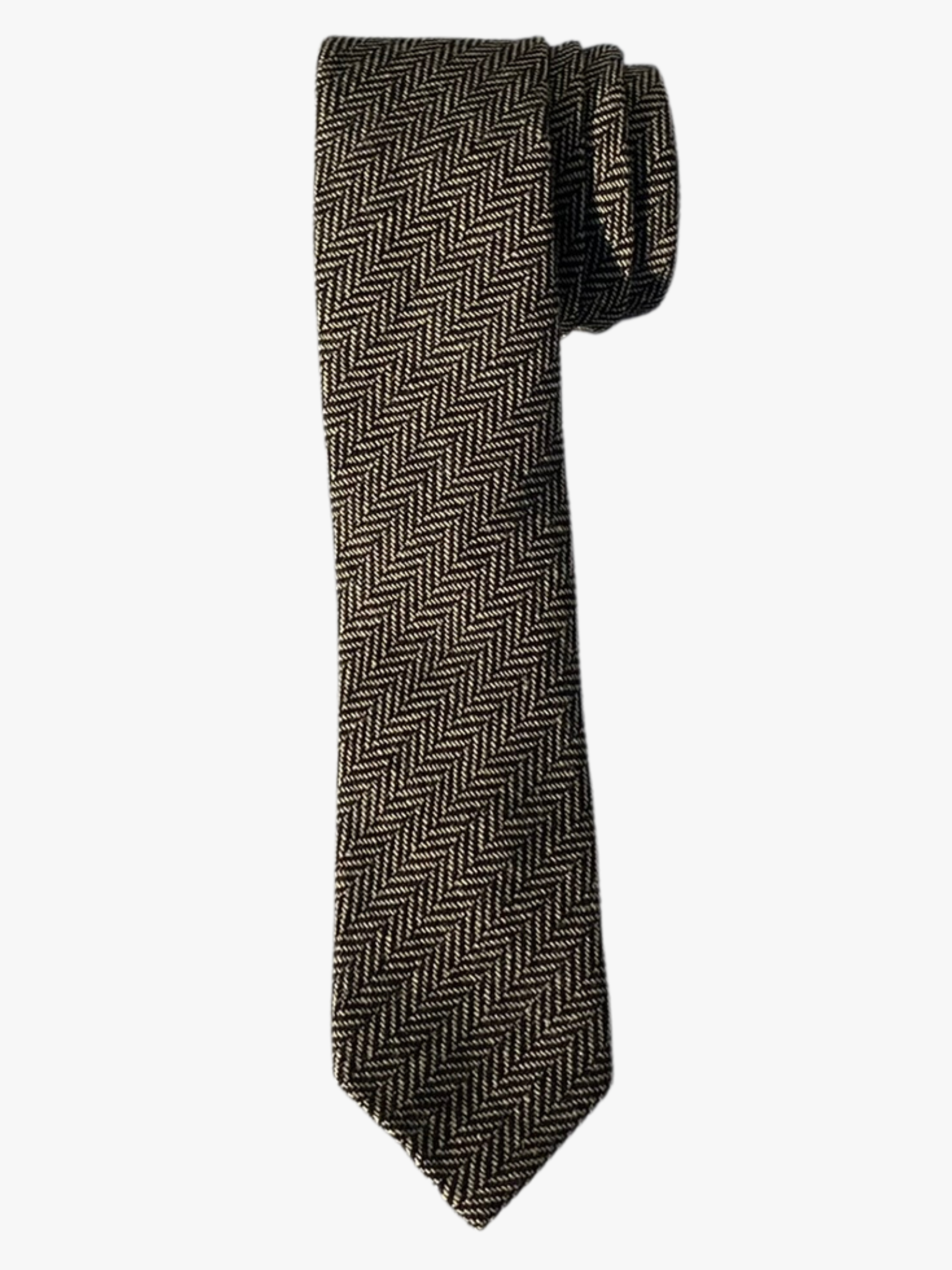 A rolled up black and tan herringbone cotton necktie for teens, missionaries, men, and women.