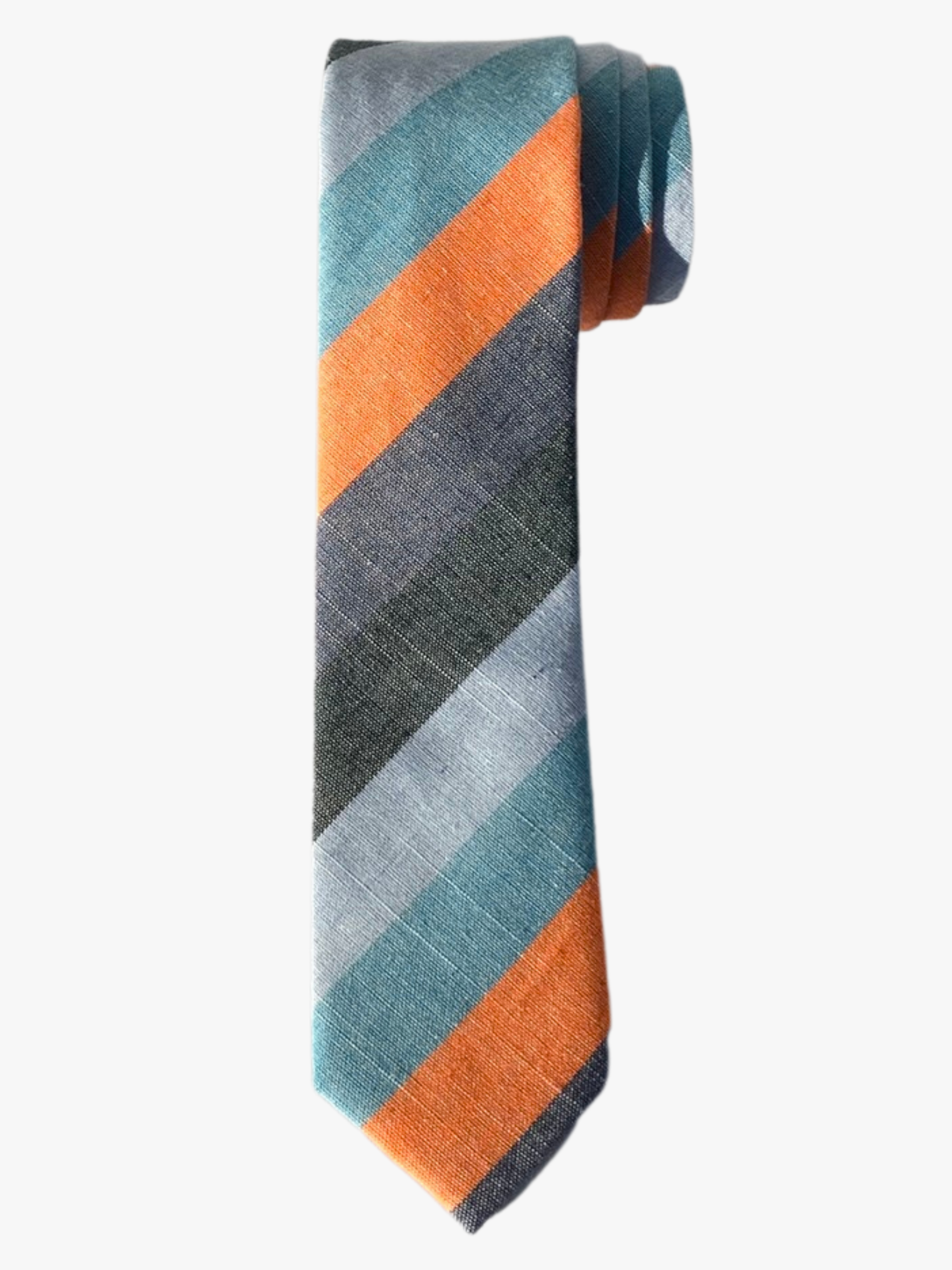 A rolled up blue, turquoise, and orange striped cotton necktie for teens, missionaries, men, and women.