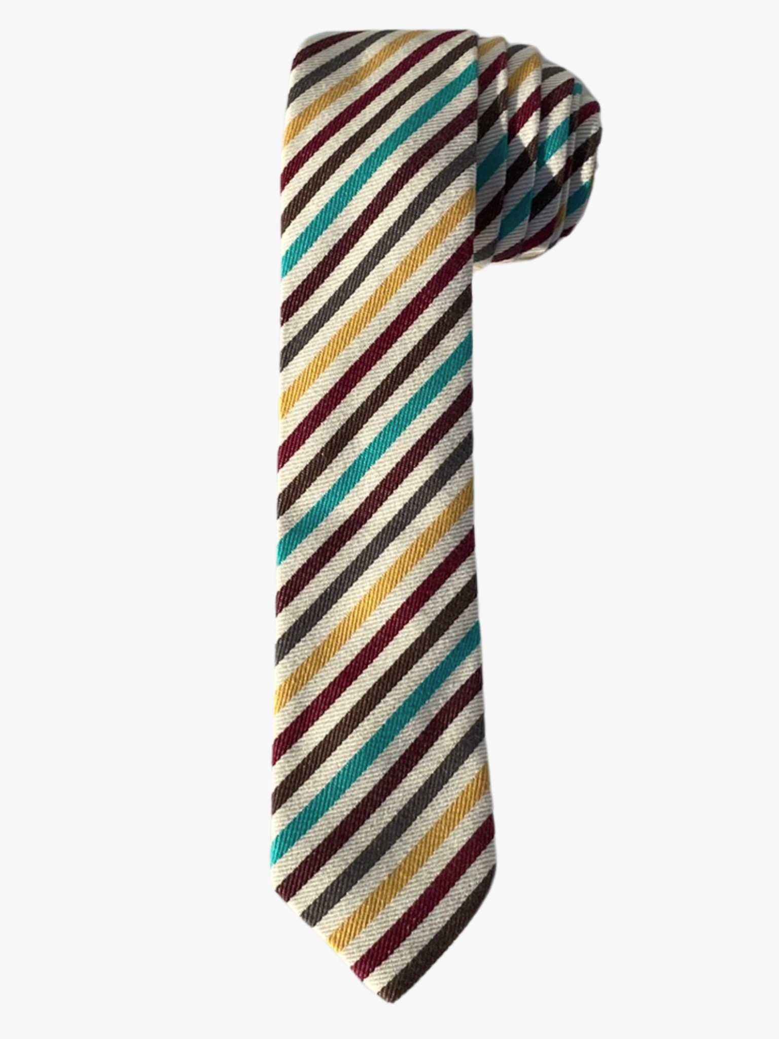 A rolled up off-white, maroon, yellow, and blue striped cotton necktie for teens, missionaries, men, and women.