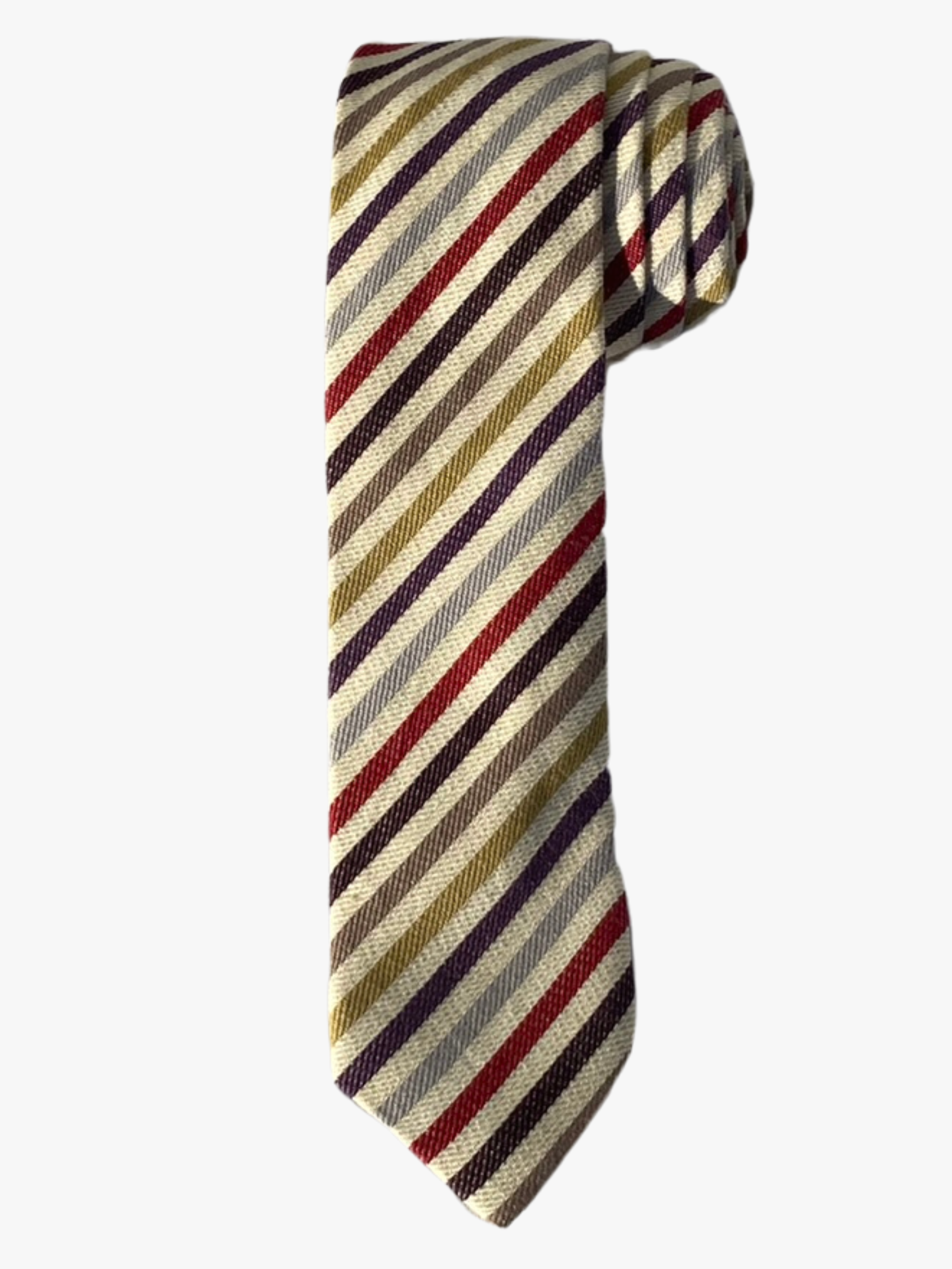 A rolled up beige-tan, purple, gold, and red striped cotton necktie for teens, missionaries, men, and women.