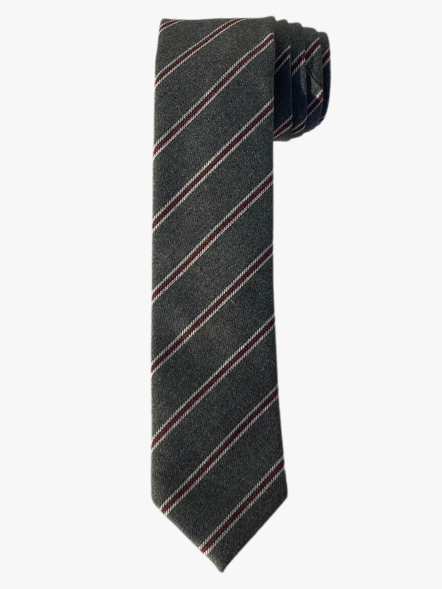 A rolled up grey, red, and white striped cotton necktie for teens, missionaries, men, and women.