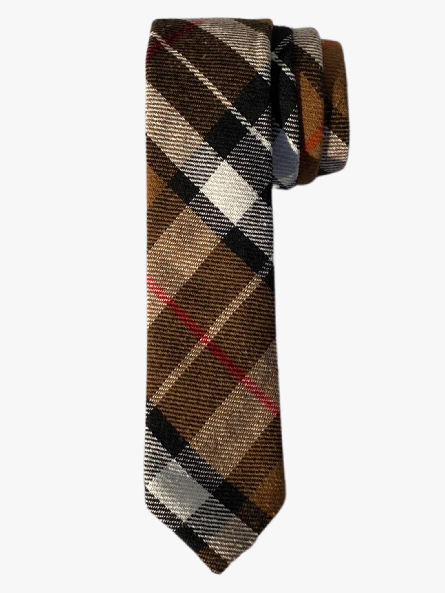 A rolled up brown, white, black, and red plaid cotton necktie for teens, missionaries, men, and women.