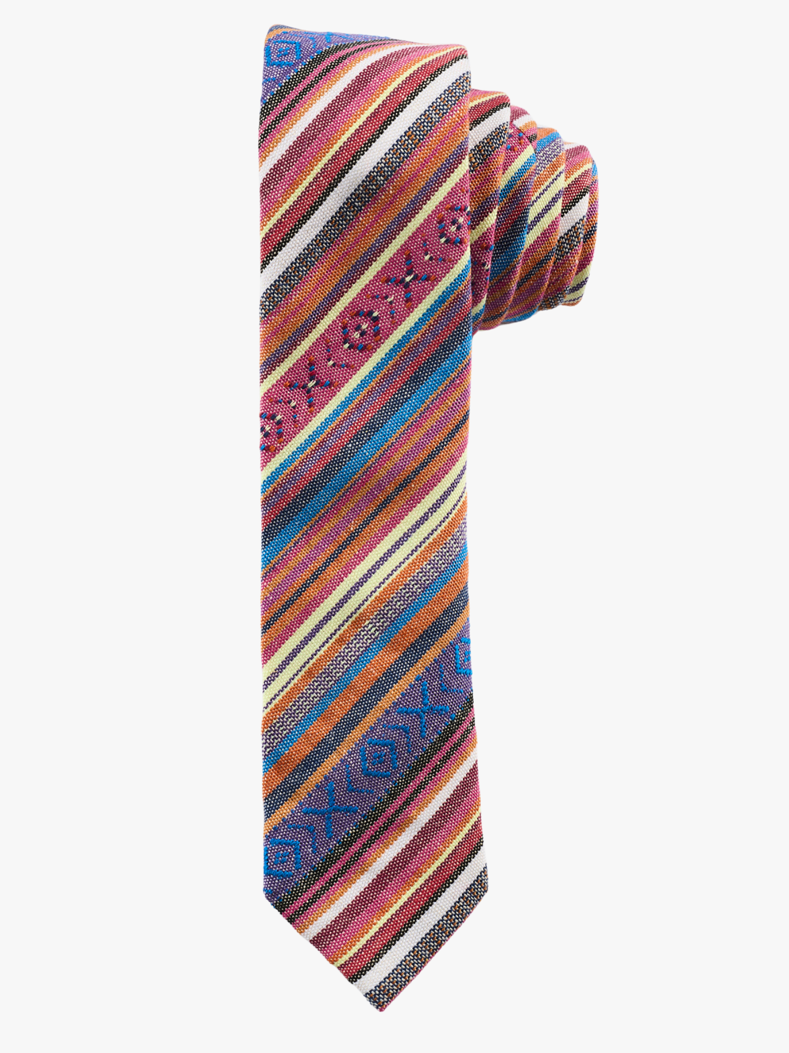 A rolled up blue and orange striped cotton necktie for teens, missionaries, men, and women.