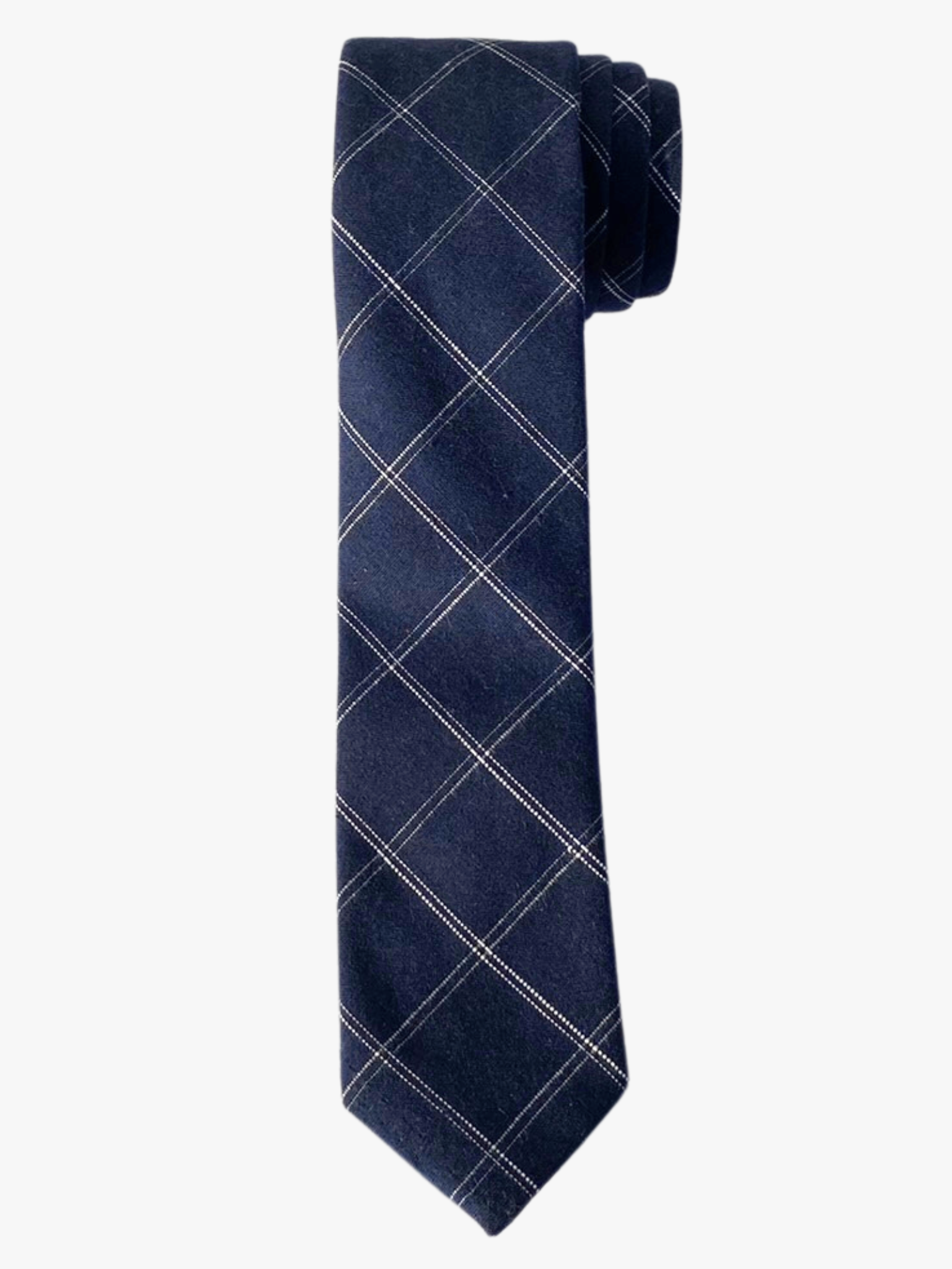 A rolled up white and navy blue plaid cotton necktie for teens, missionaries, men, and women.