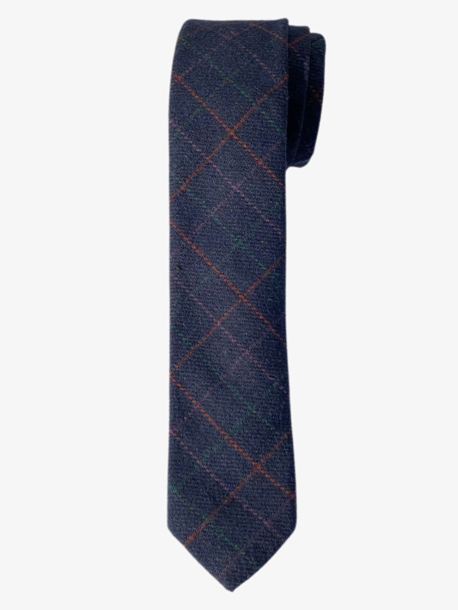 A rolled up navy, green, red, and purple plaid cotton necktie for teens, missionaries, men, and women.