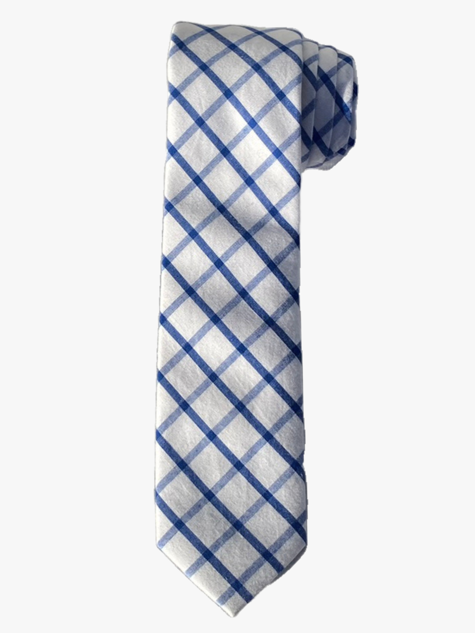 A rolled up  blue and white plaid cotton necktie for teens, missionaries, men, and women.