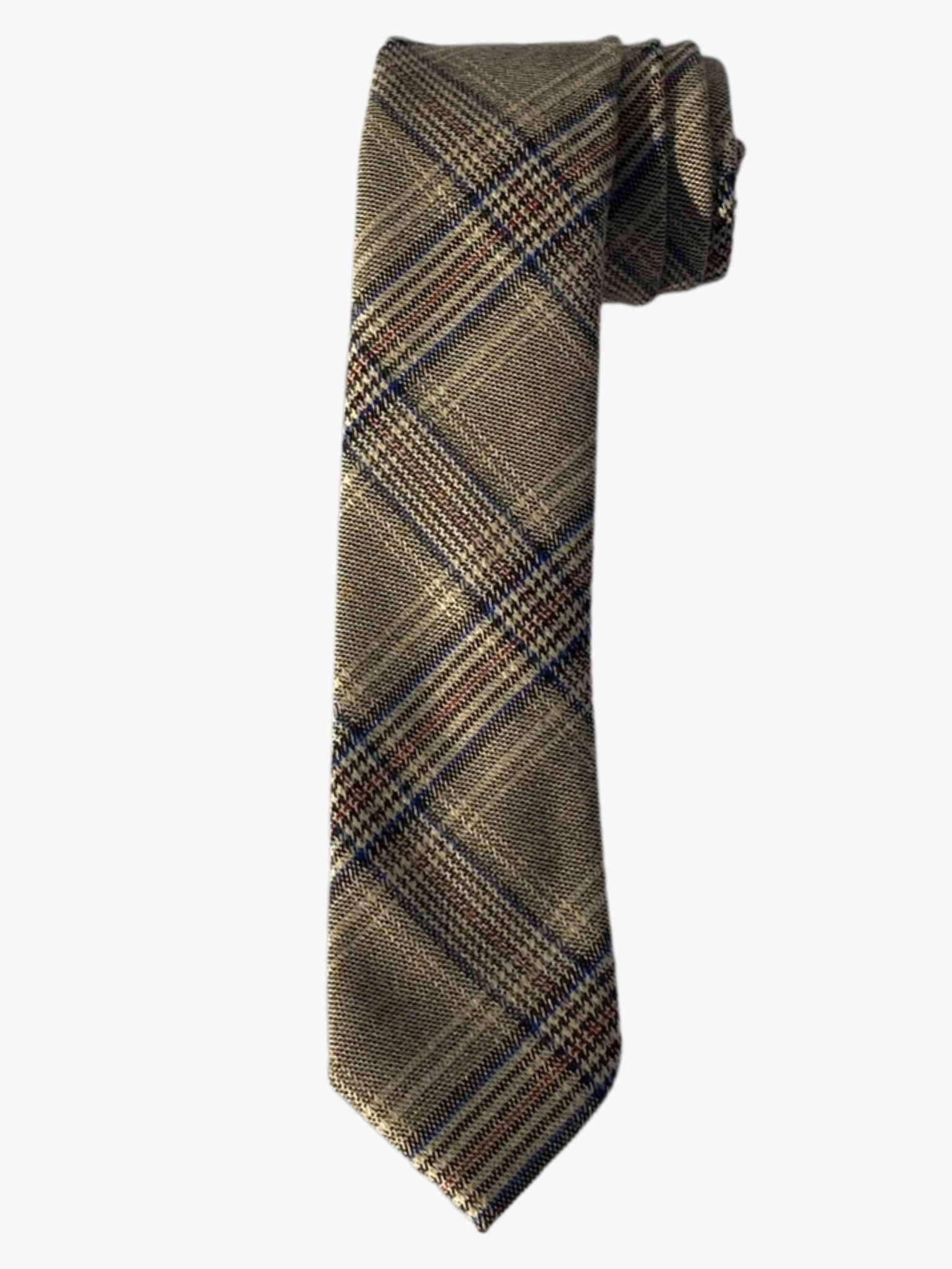 A rolled up brown, tan, and blue plaid cotton necktie for teens, missionaries, men, and women.