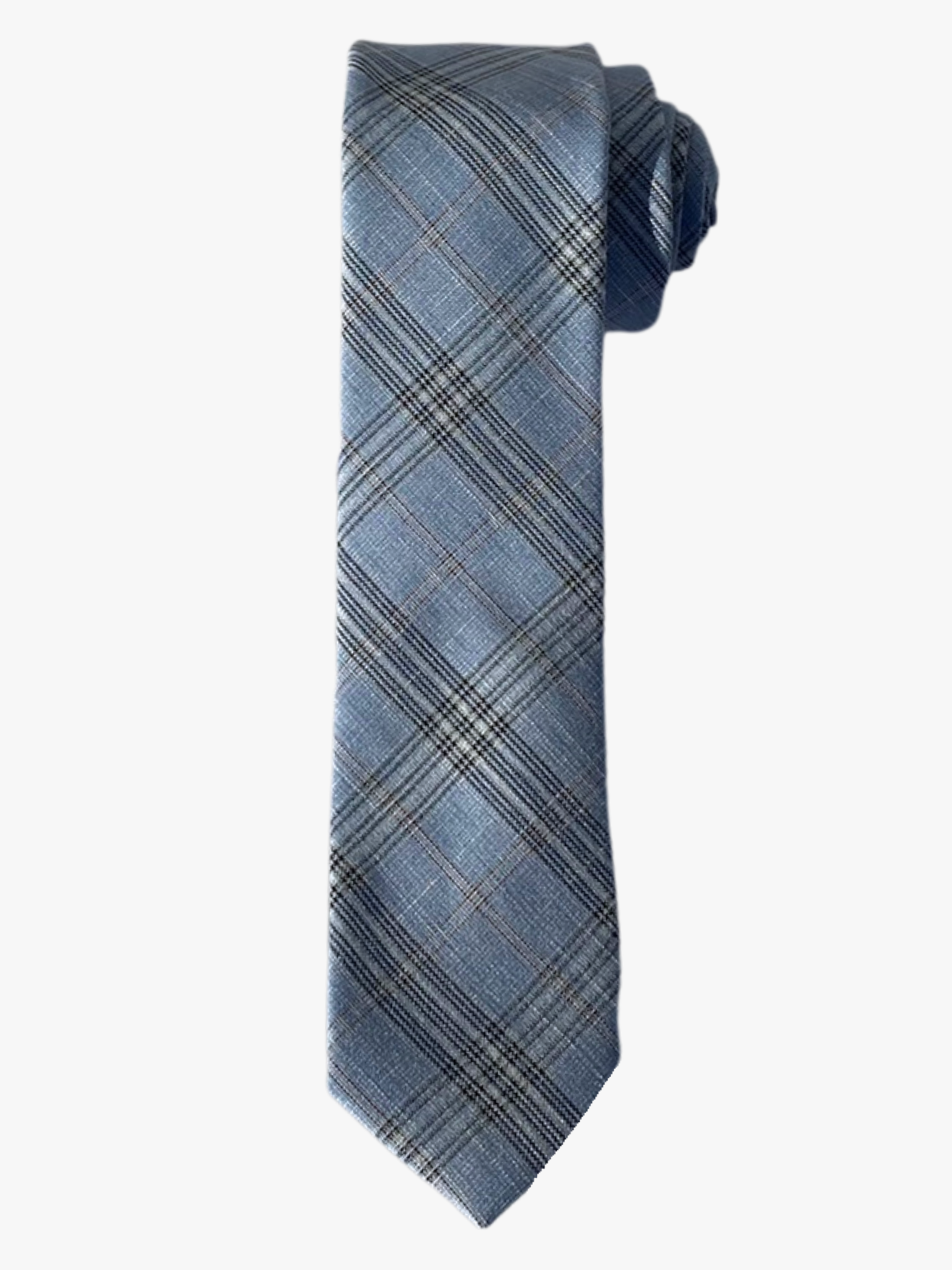 A rolled up pale blue and navy plaid cotton necktie for teens, missionaries, men, and women.