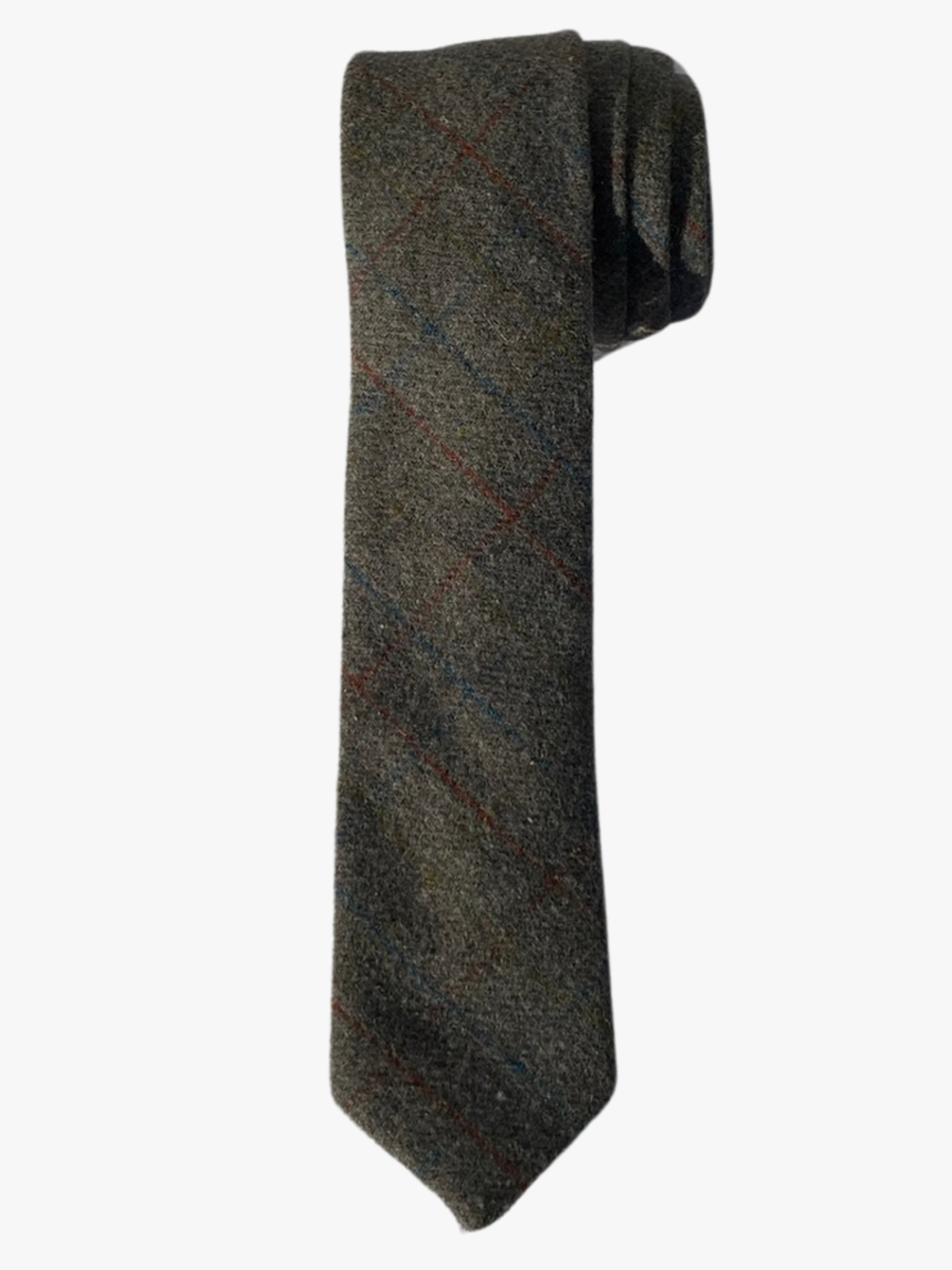 A rolled up dark grey, blue, and red plaid cotton necktie for teens, missionaries, men, and women.