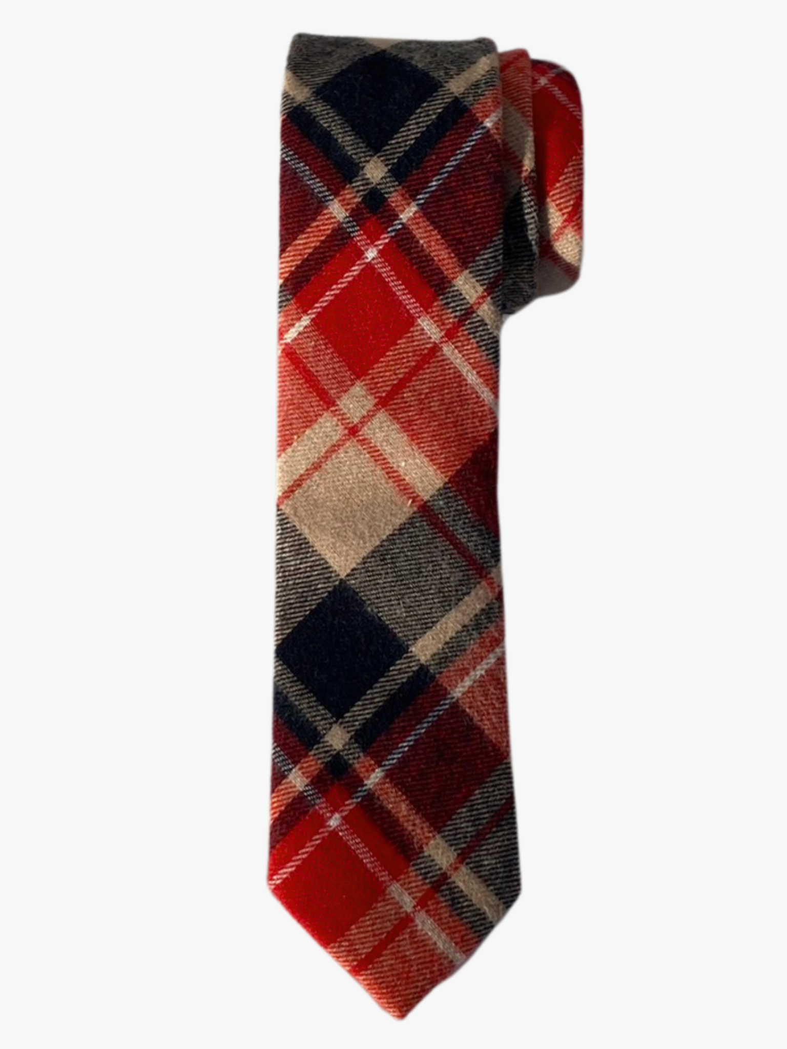 A rolled up red, navy blue, and beige plaid cotton necktie for teens, missionaries, men, and women.