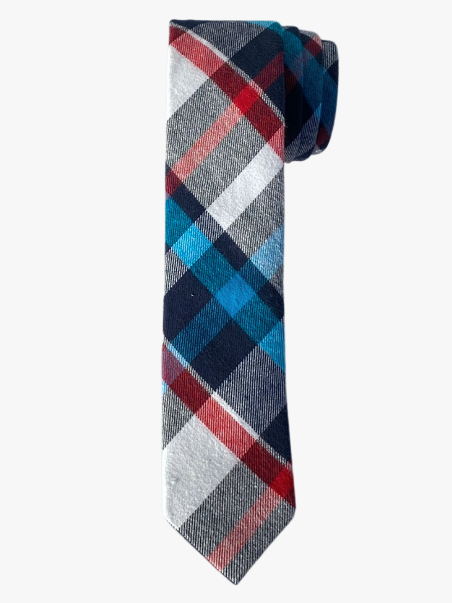 A rolled up navy, white, turquoise, and red plaid cotton necktie for teens, missionaries, men, and women.