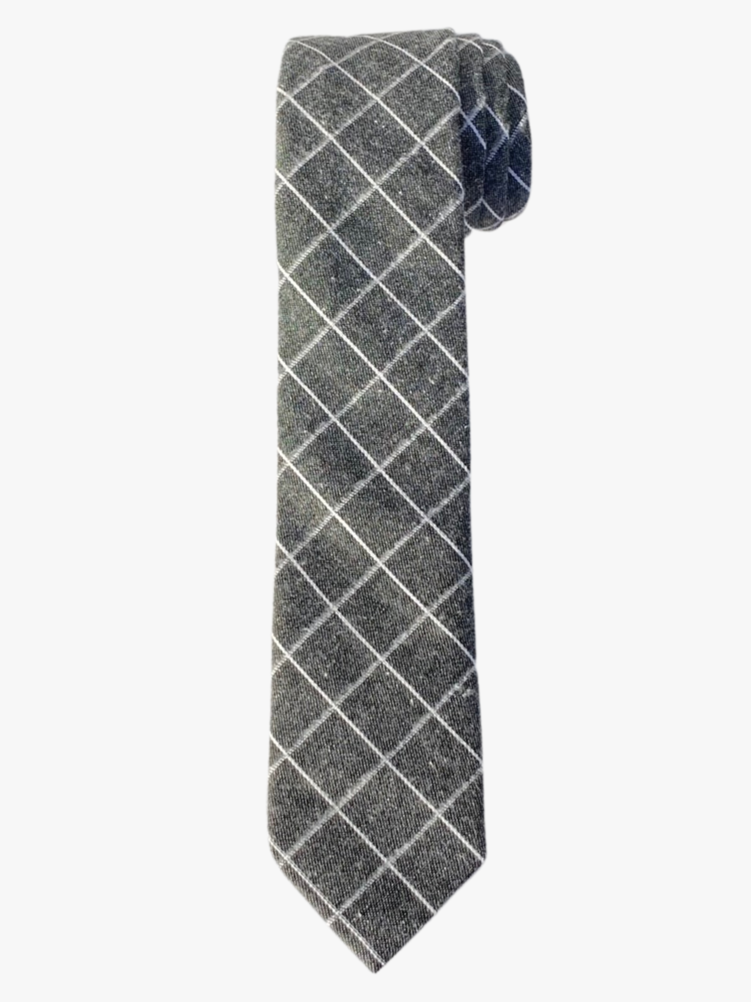 A rolled up white and gray plaid cotton necktie for teens, missionaries, men, and women.