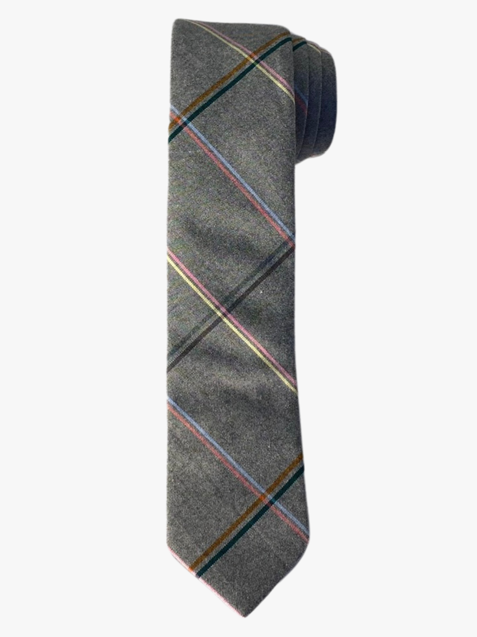 A rolled up gray, blue, yellow, pink, and brown plaid cotton necktie for teens, missionaries, men, and women.