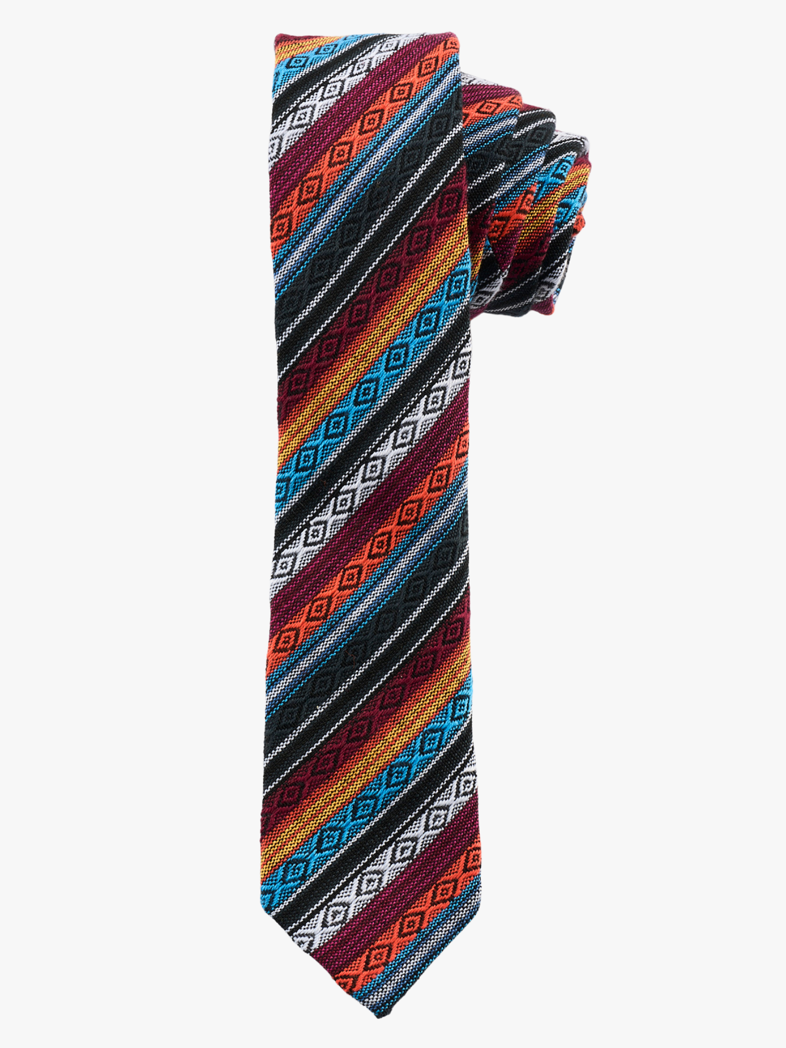 A rolled up red, orange, and bluestriped cotton necktie for teens, missionaries, men, and women.