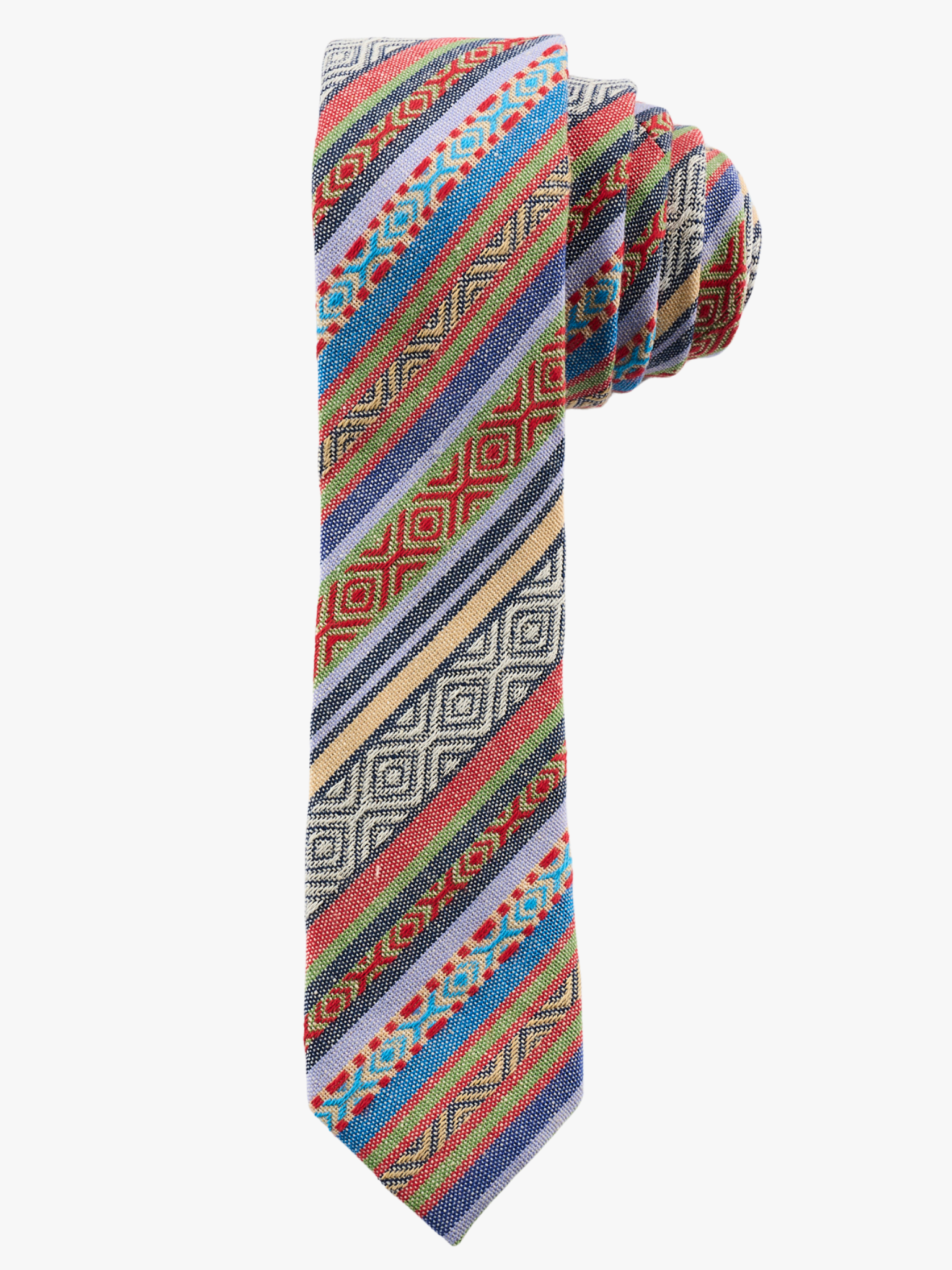 A rolled up red, green, and blue striped cotton necktie for teens, missionaries, men, and women.