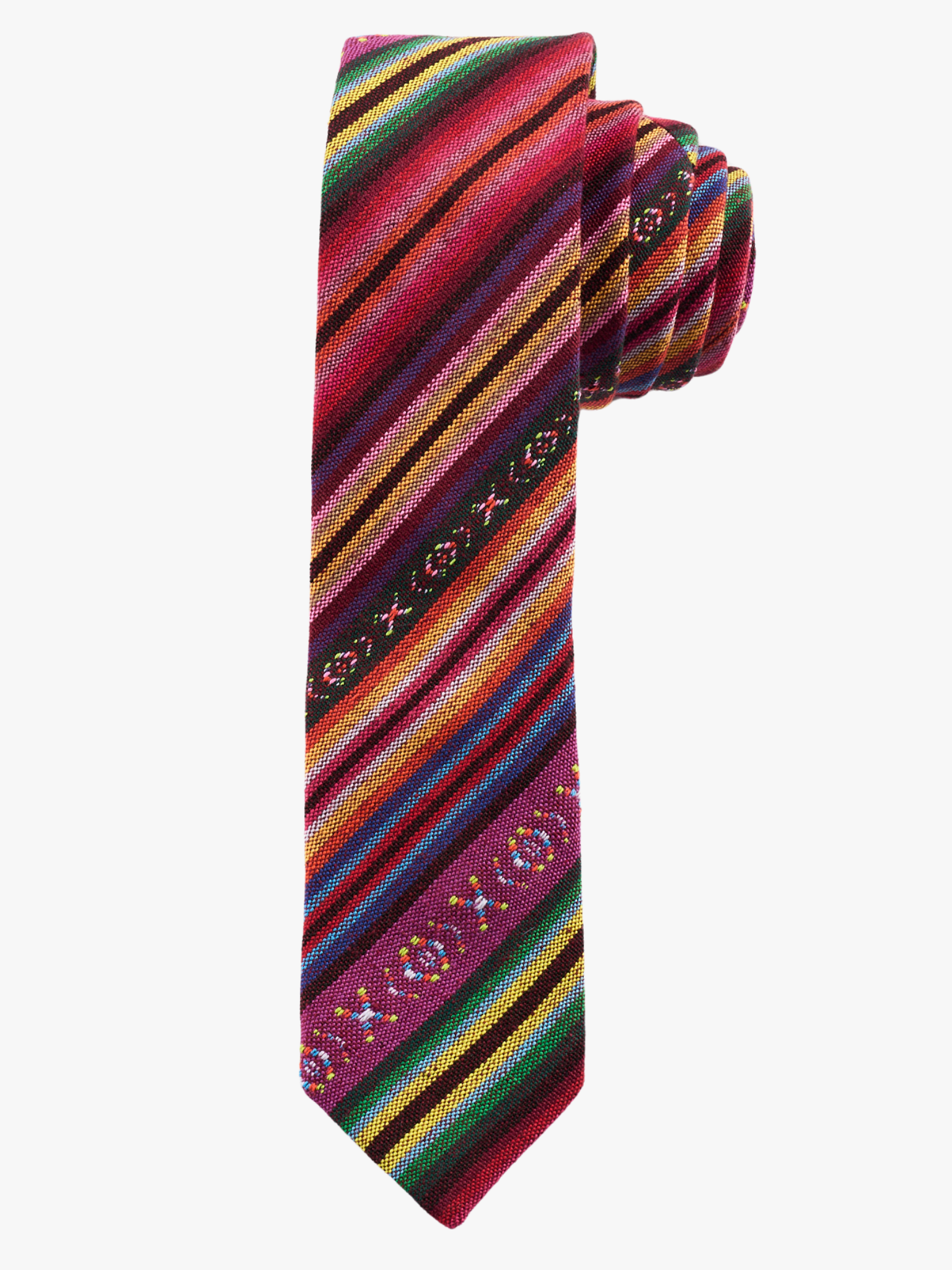 A rolled up purple and green striped cotton necktie for teens, missionaries, men, and women.