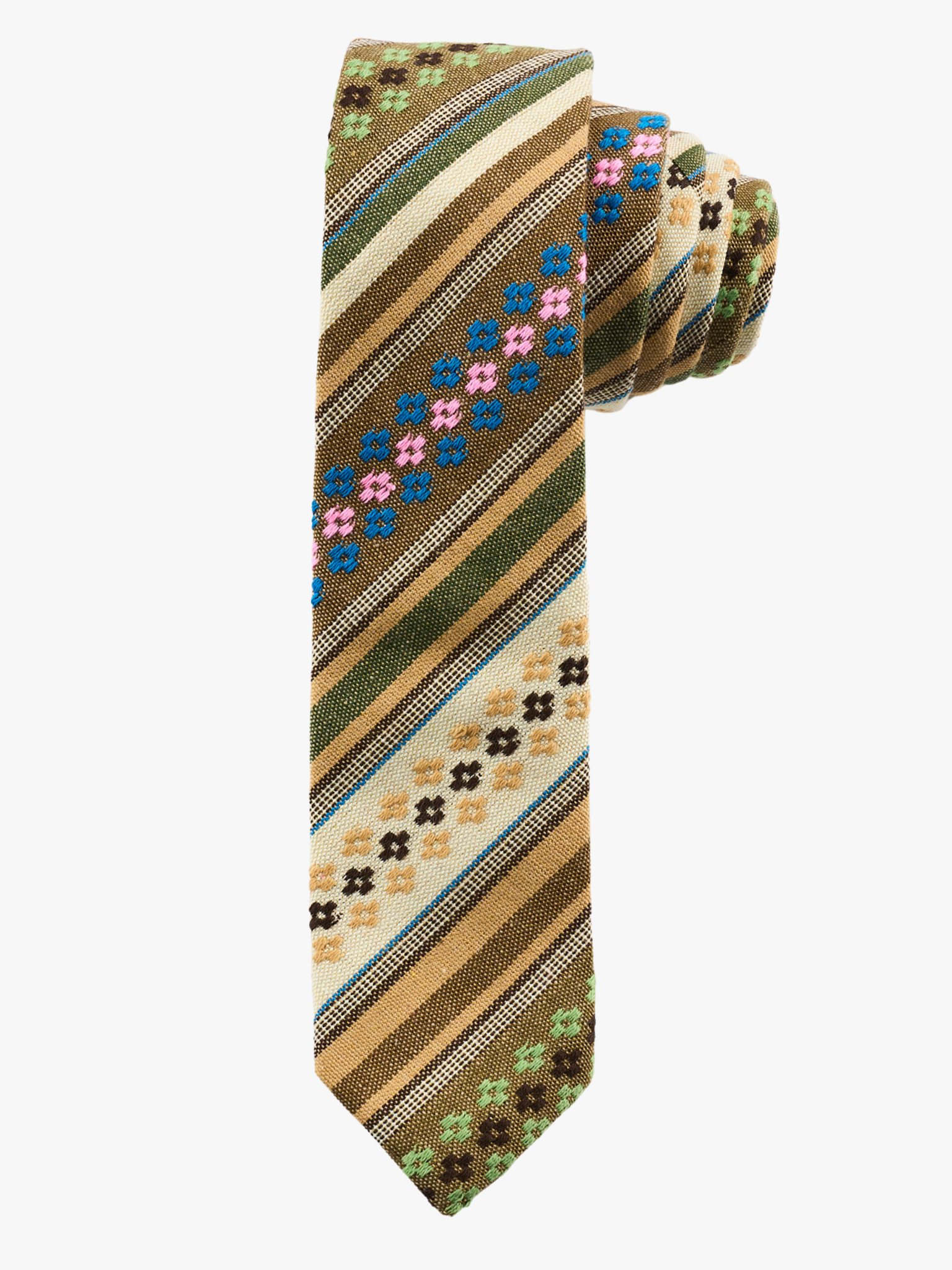 A rolled up green, tan, and brown striped cotton necktie for teens, missionaries, men, and women.