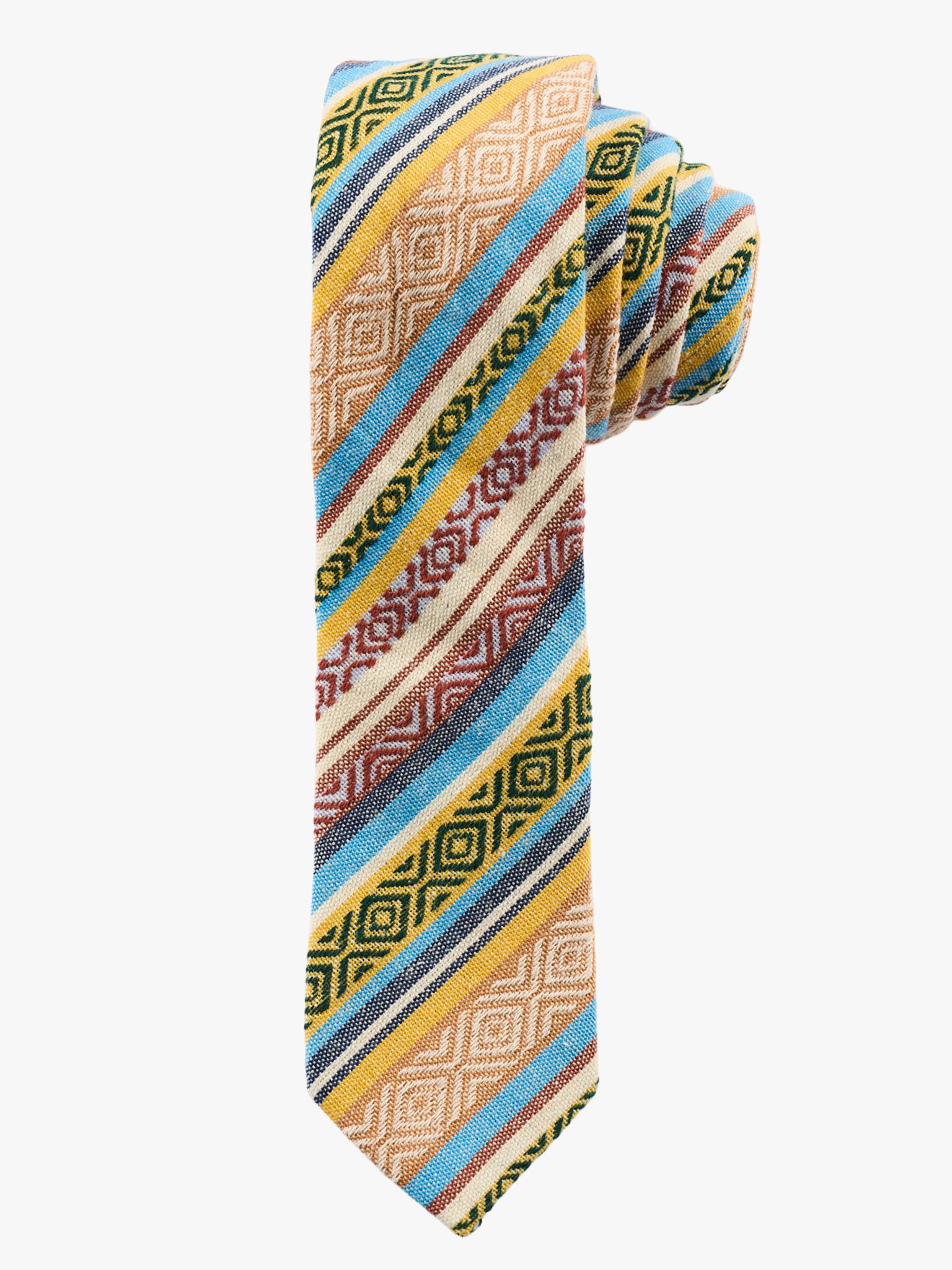 A rolled up yellow and blue striped cotton necktie for teens, missionaries, men, and women.