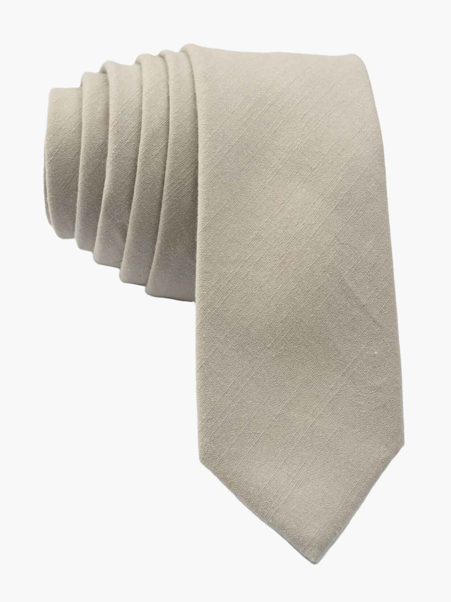 Full sized simple cotton tie for men, women, and boys. The color is a netural very light brown or sandy tan/gray color. 