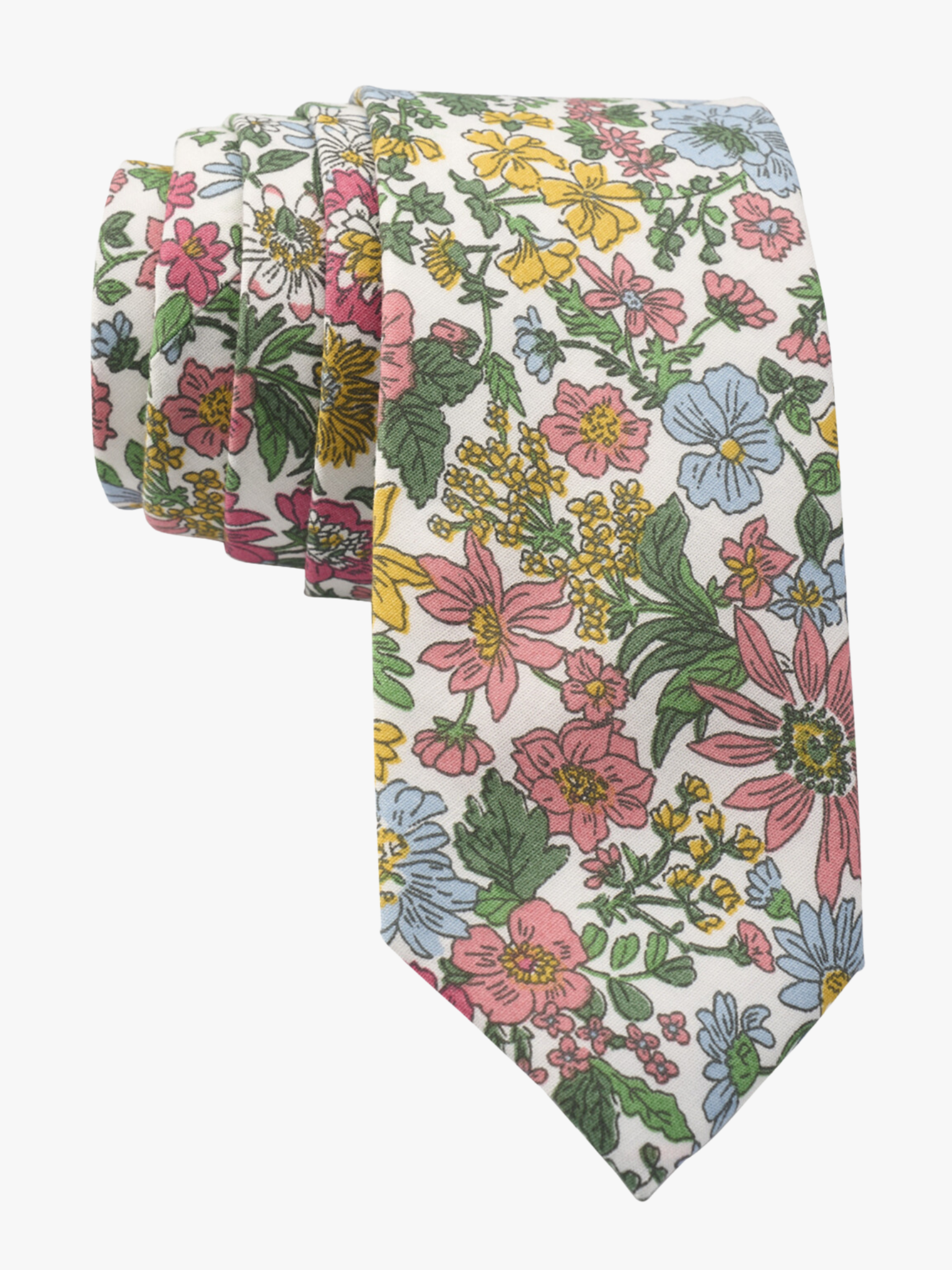 Spring floral necktie for men with pink wildflowers, blue petals, yellow blossoms, and green leaves on white cotton fabric.